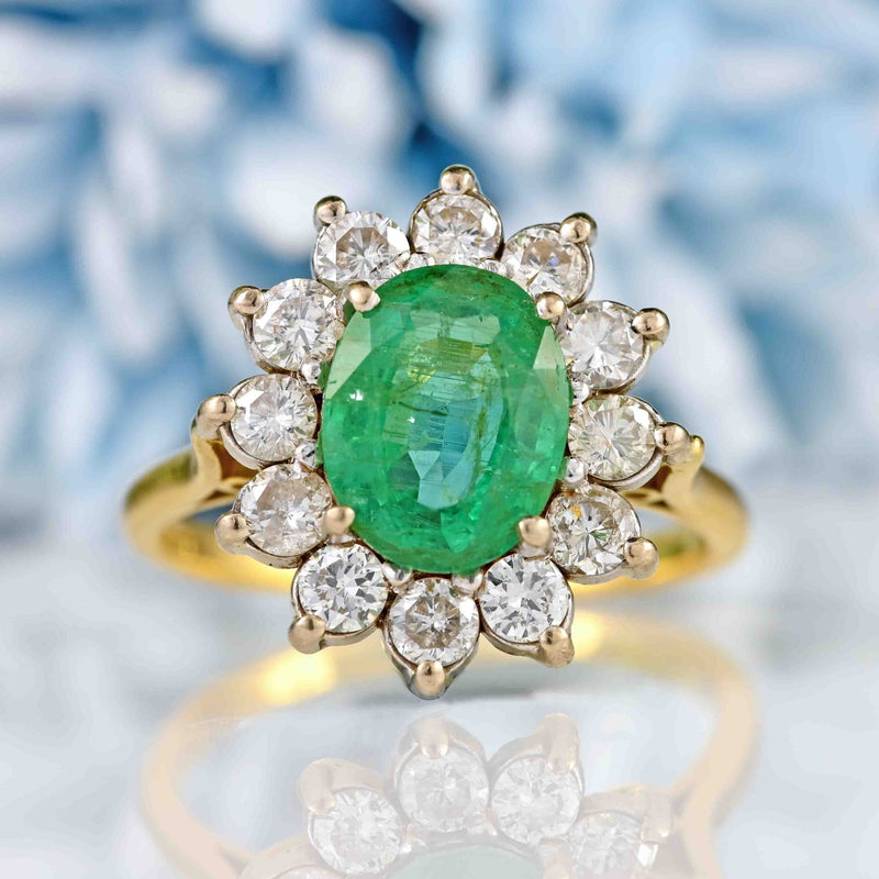 Ellibelle Jewellery Vintage 1996 Emerald & Diamond 18ct Gold Cluster Engagement Ring