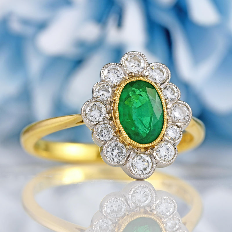 Ellibelle Jewellery Vintage 1996 Emerald & Diamond 18ct Gold Cluster Ring (0.70ct)