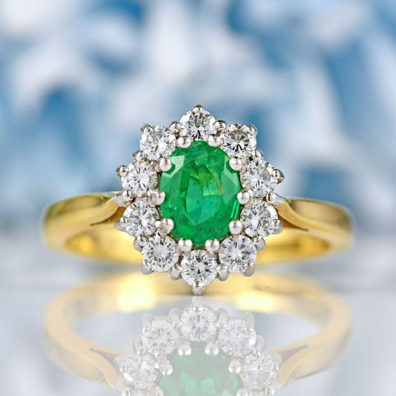 Ellibelle Jewellery Vintage 1996 Emerald & Diamond 18ct Gold Cluster Ring