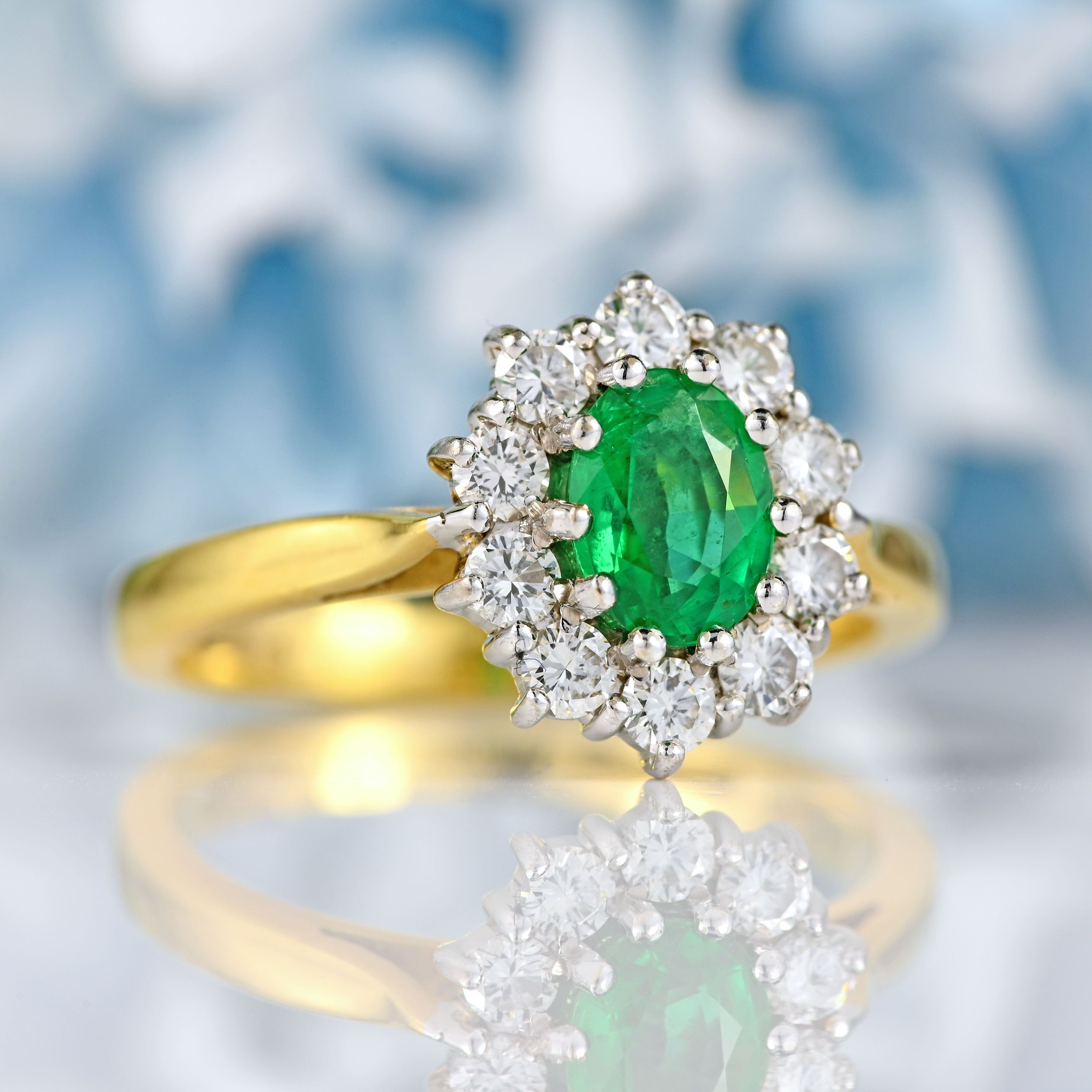 Ellibelle Jewellery Vintage 1996 Emerald & Diamond 18ct Gold Cluster Ring