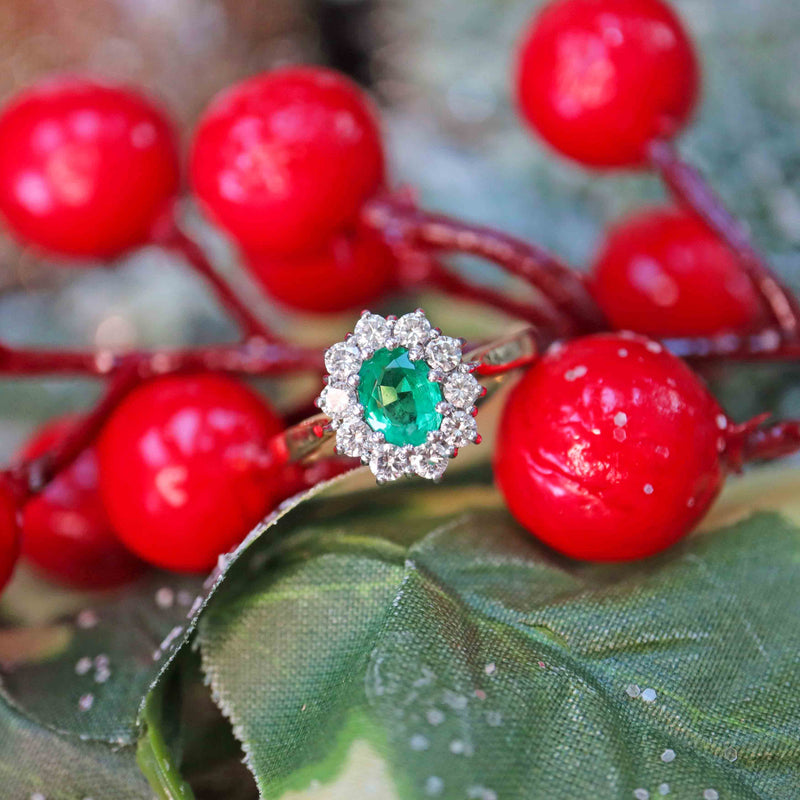 Ellibelle Jewellery Vintage 1996 Emerald & Diamond 18ct Gold Cluster Ring