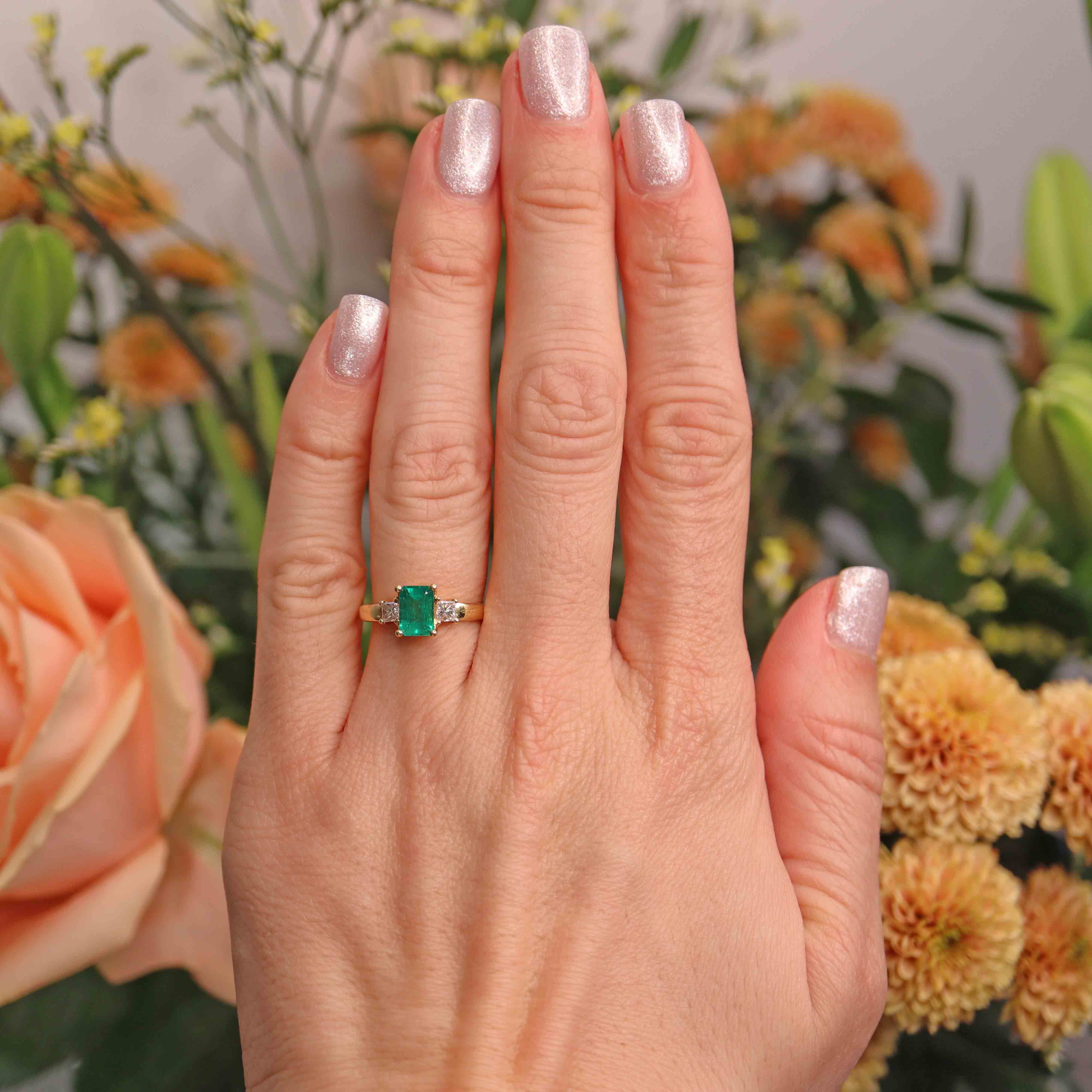 Ellibelle Jewellery Vintage 1996 Emerald & Diamond 18ct Gold Three-Stone Engagement Ring