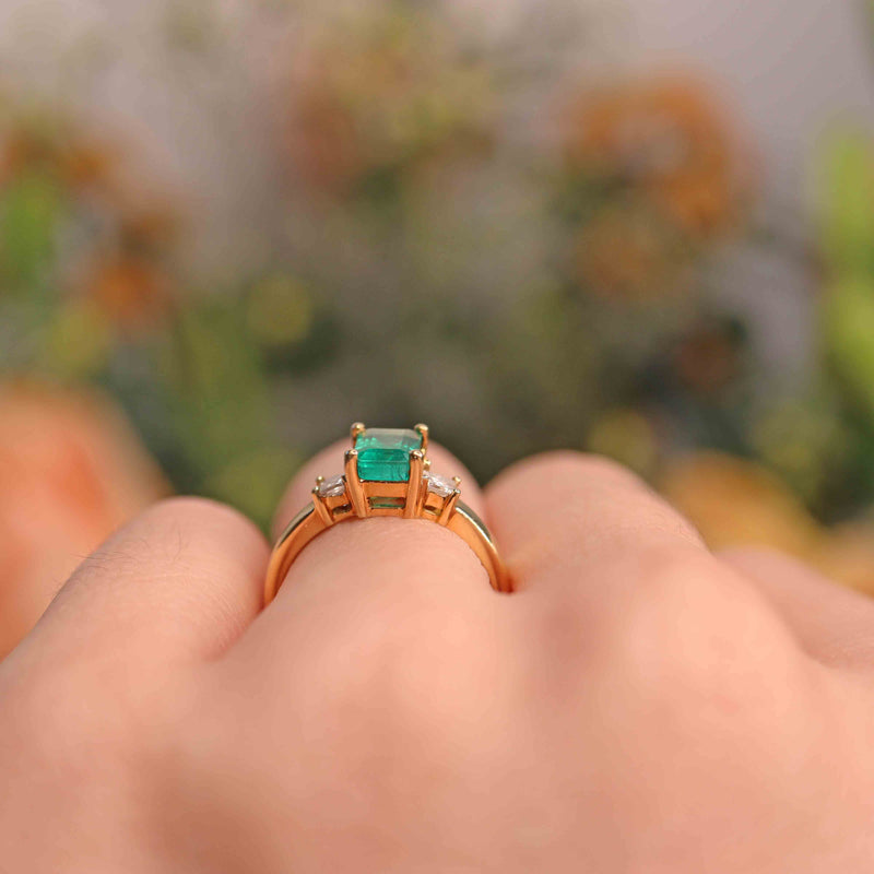 Ellibelle Jewellery Vintage 1996 Emerald & Diamond 18ct Gold Three-Stone Engagement Ring