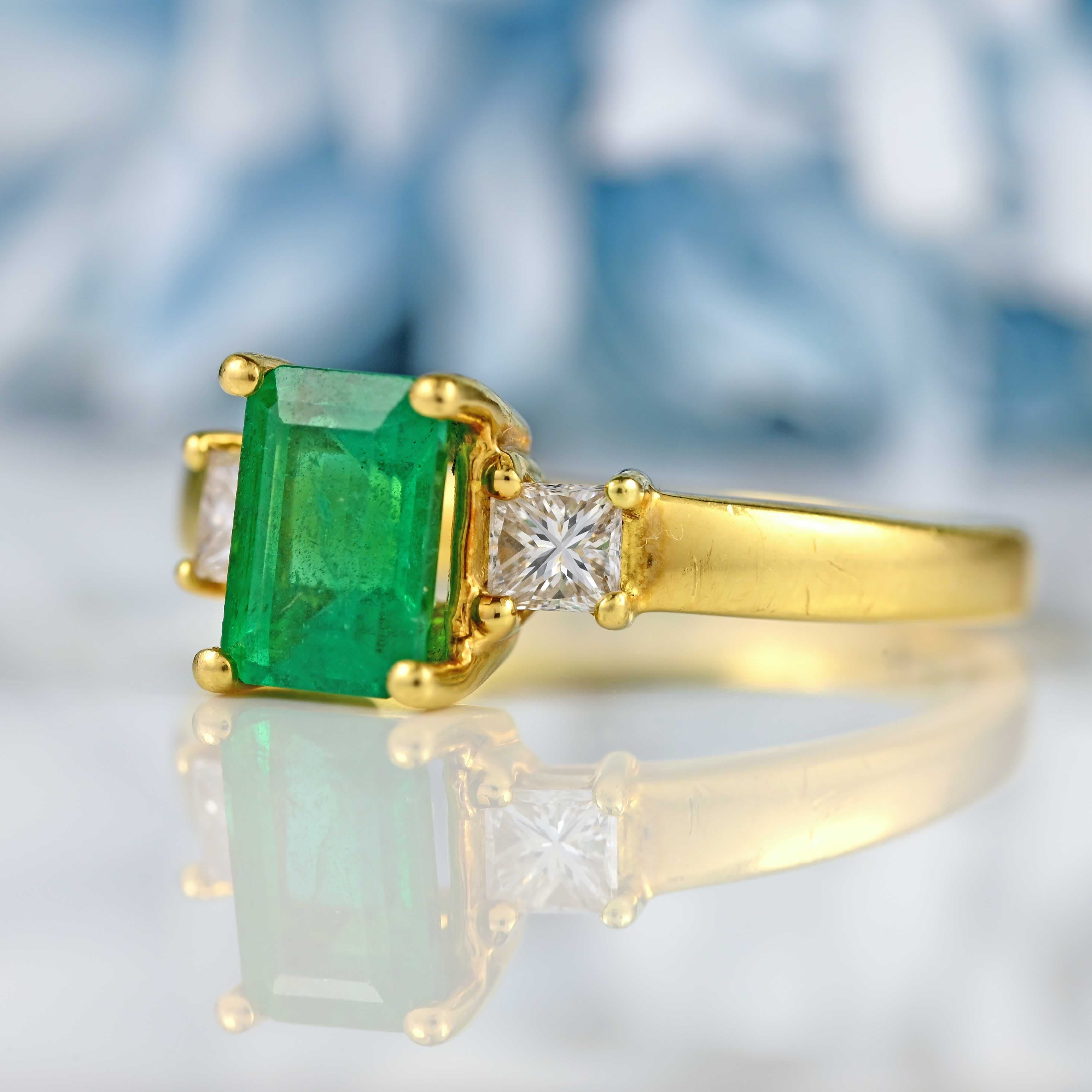 Ellibelle Jewellery Vintage 1996 Emerald & Diamond 18ct Gold Three-Stone Engagement Ring