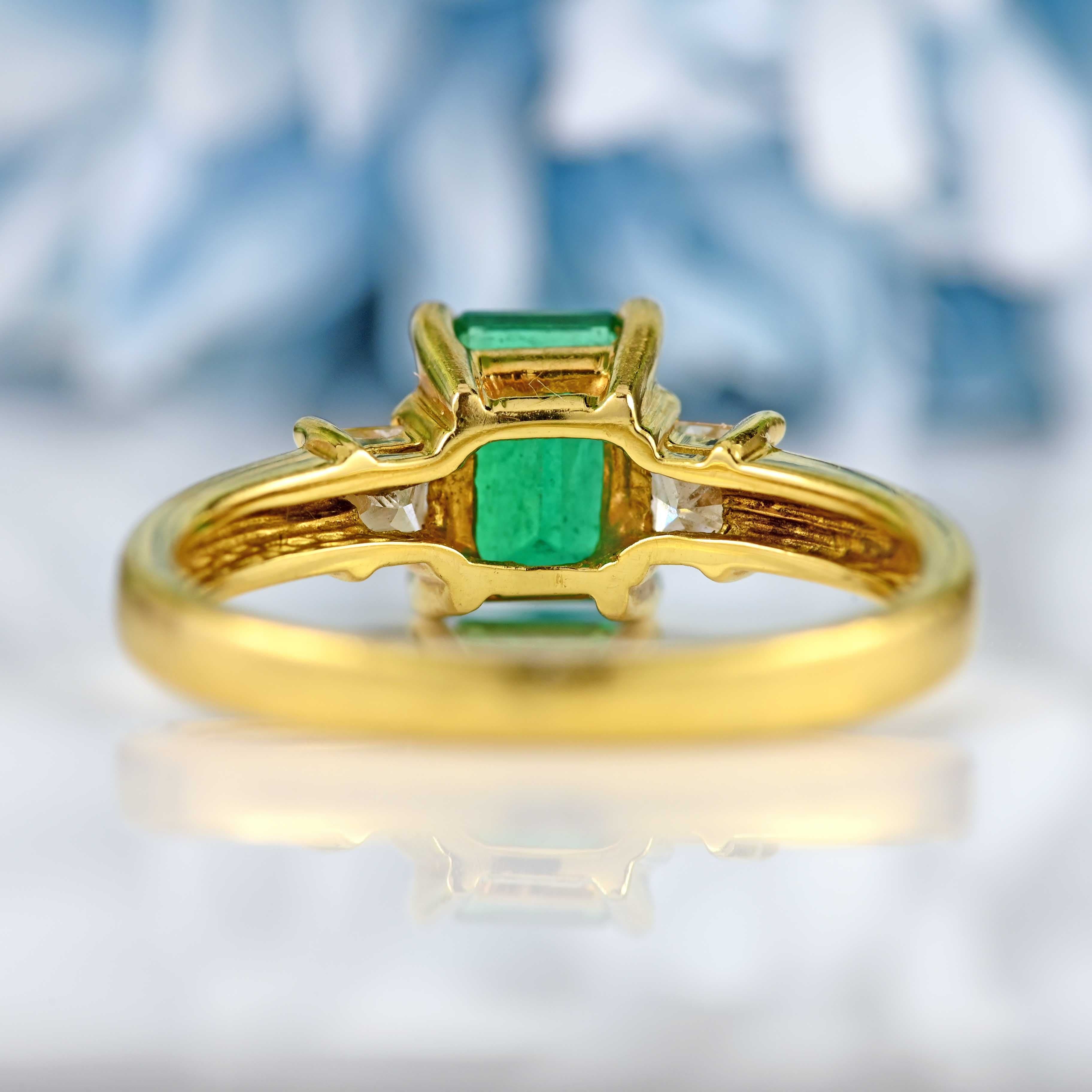 Ellibelle Jewellery Vintage 1996 Emerald & Diamond 18ct Gold Three-Stone Engagement Ring