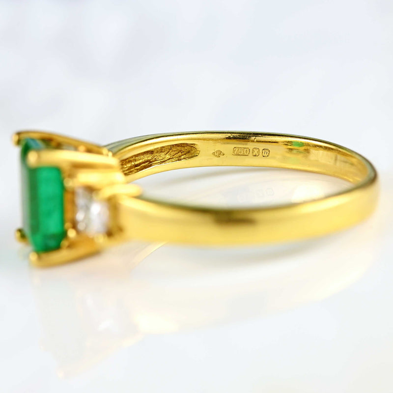 Ellibelle Jewellery Vintage 1996 Emerald & Diamond 18ct Gold Three-Stone Engagement Ring