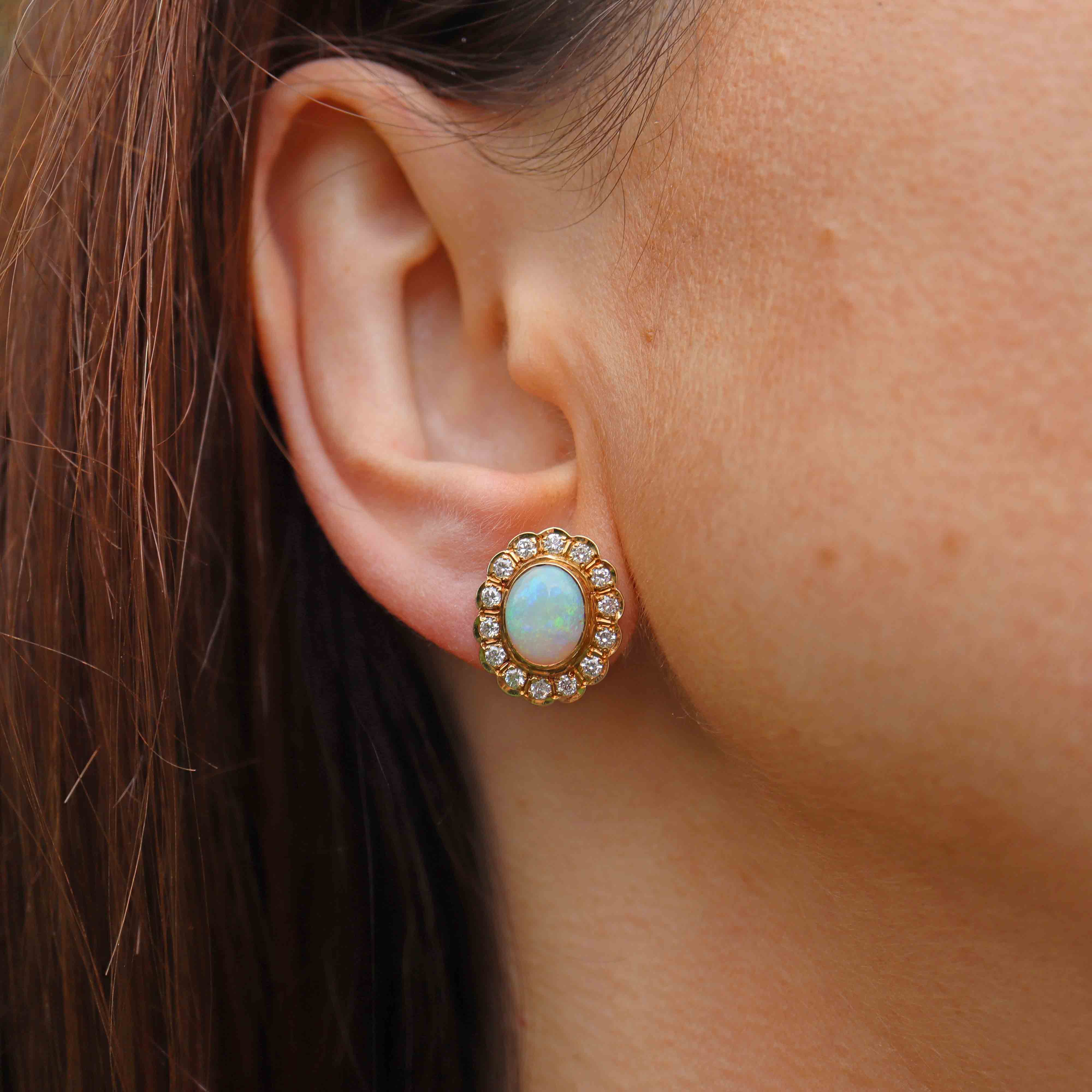 Ellibelle Jewellery Vintage 1996 Opal & Diamond 18ct Gold Oval Cluster Stud Earrings