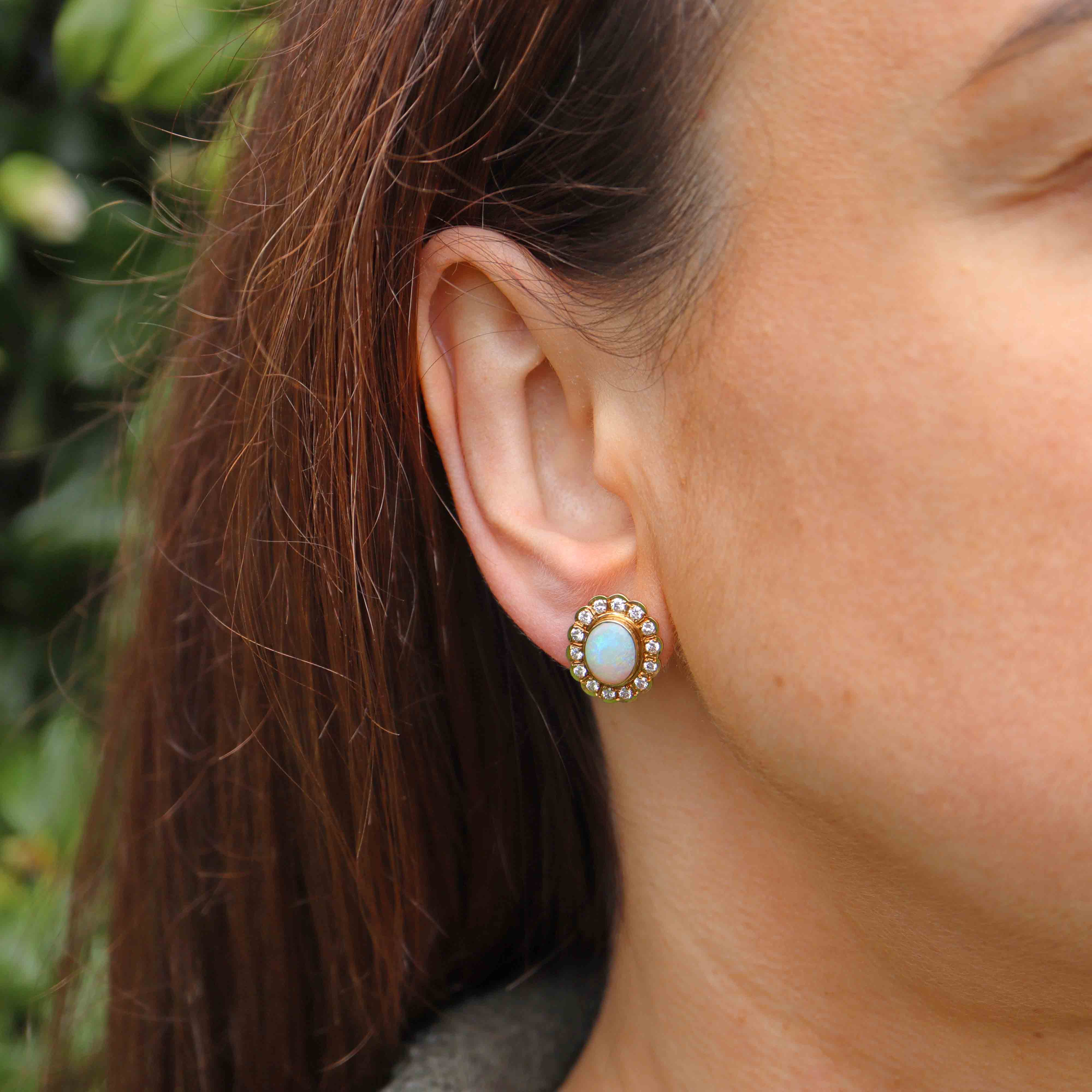 Ellibelle Jewellery Vintage 1996 Opal & Diamond 18ct Gold Oval Cluster Stud Earrings
