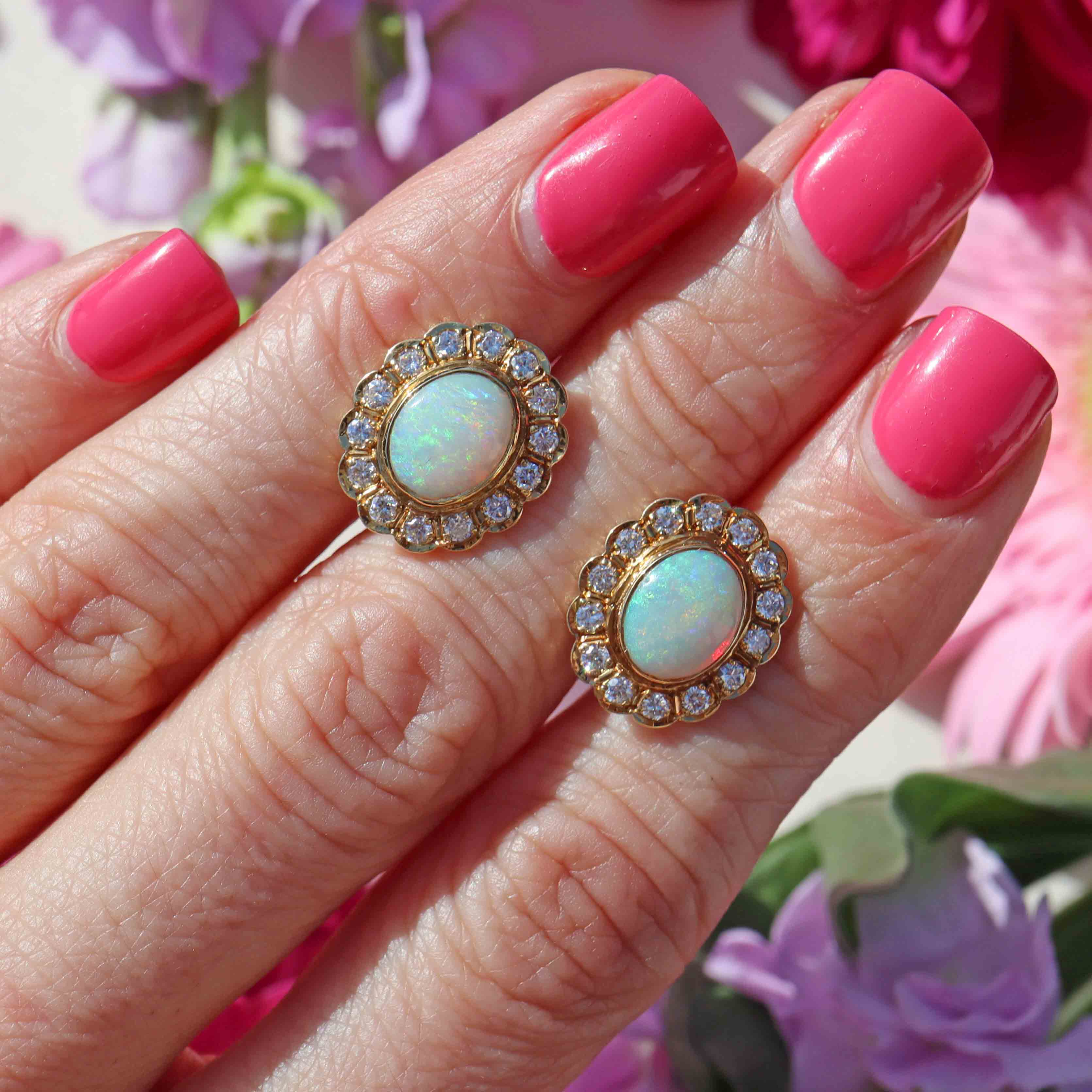 Ellibelle Jewellery Vintage 1996 Opal & Diamond 18ct Gold Oval Cluster Stud Earrings