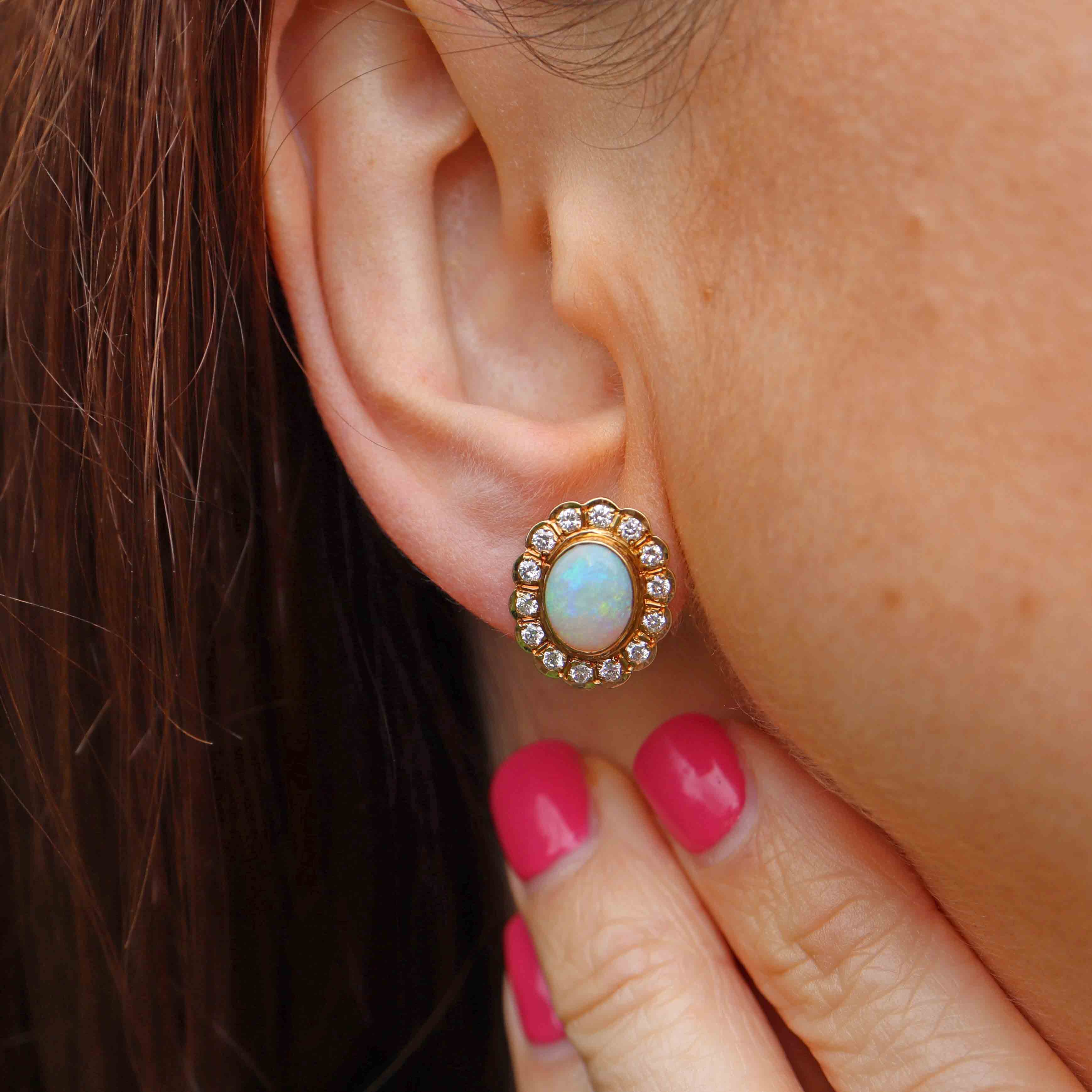 Ellibelle Jewellery Vintage 1996 Opal & Diamond 18ct Gold Oval Cluster Stud Earrings