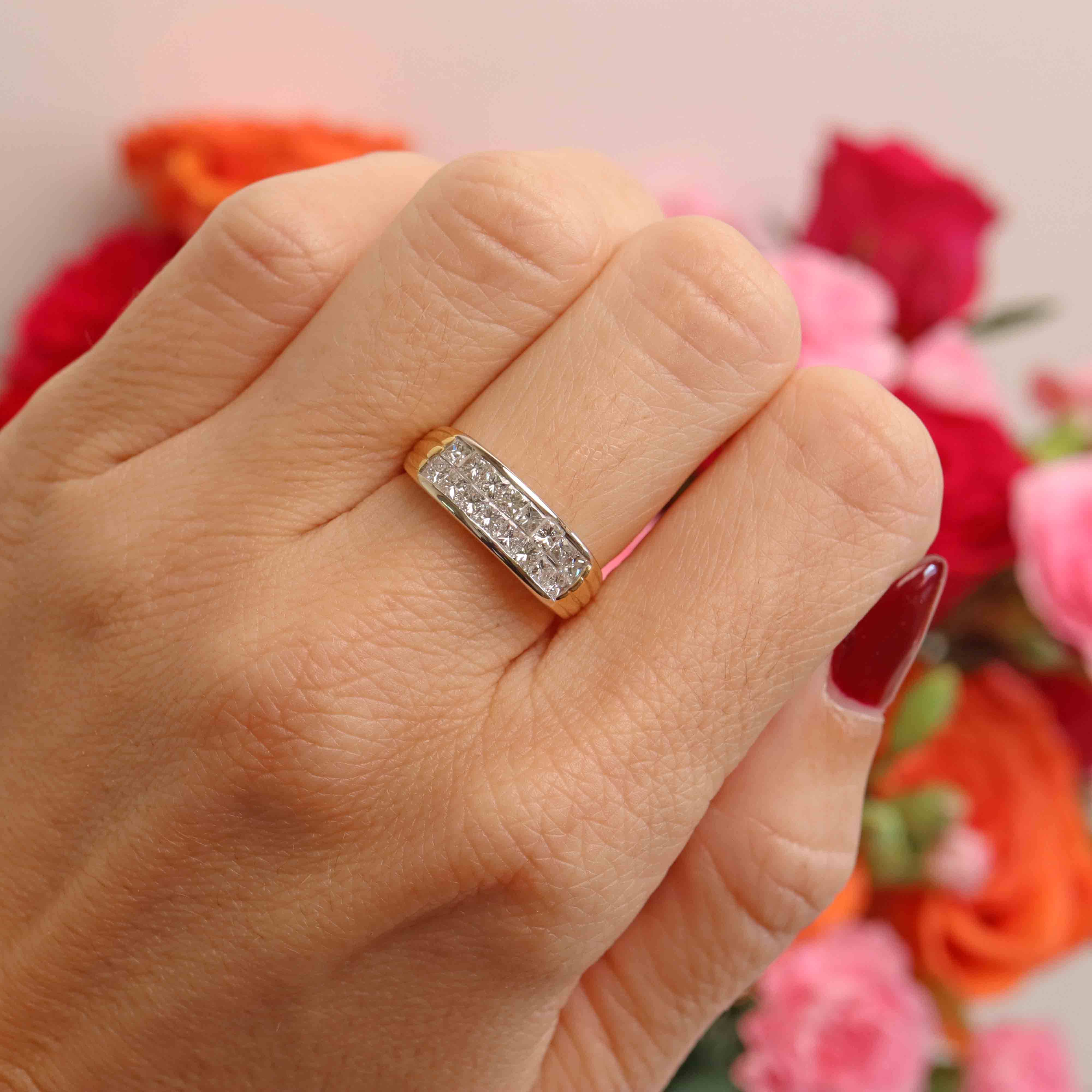 Ellibelle Jewellery Vintage 1996 Princess-Cut Diamond 18ct Gold Double-Row Band Ring
