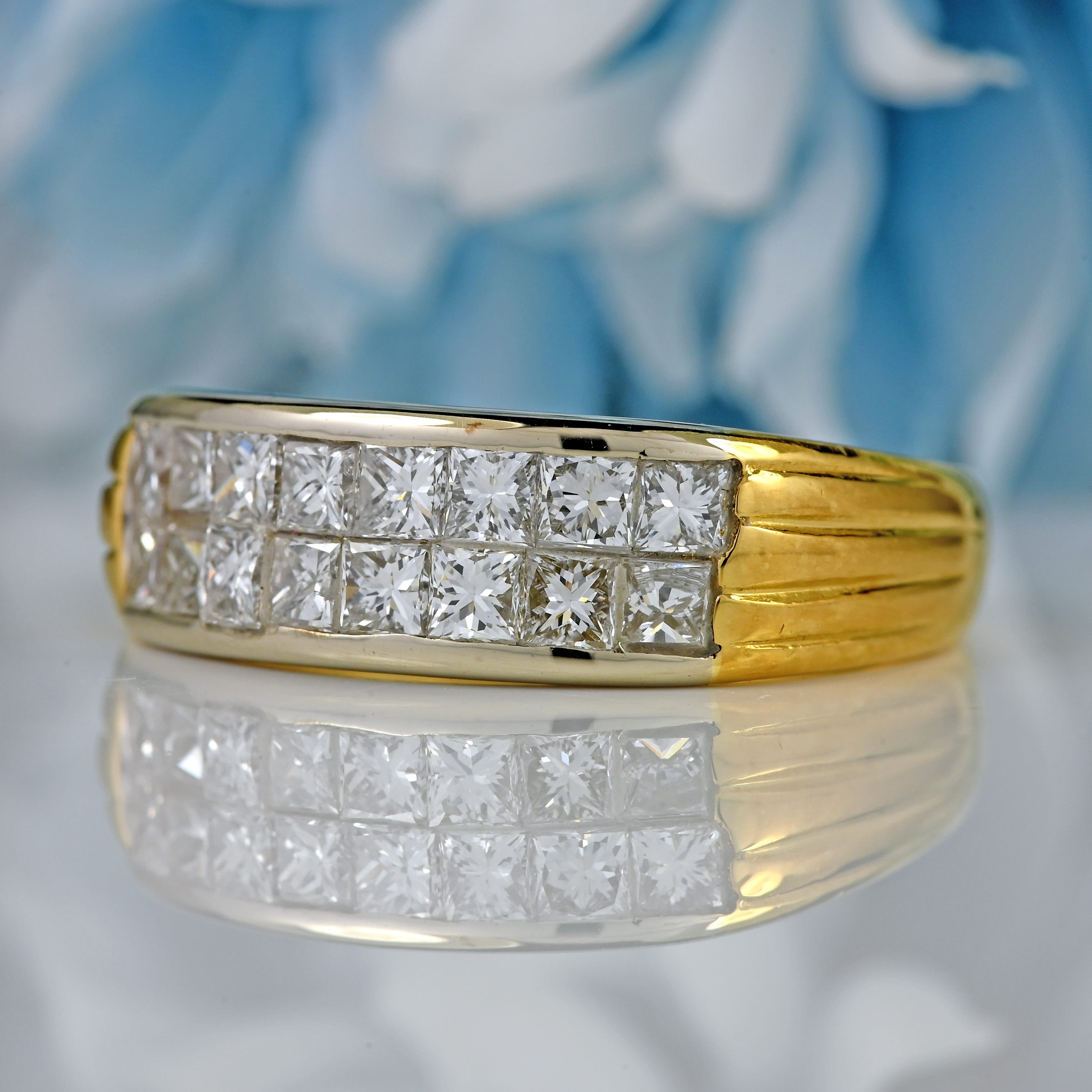 Ellibelle Jewellery Vintage 1996 Princess-Cut Diamond 18ct Gold Double-Row Band Ring