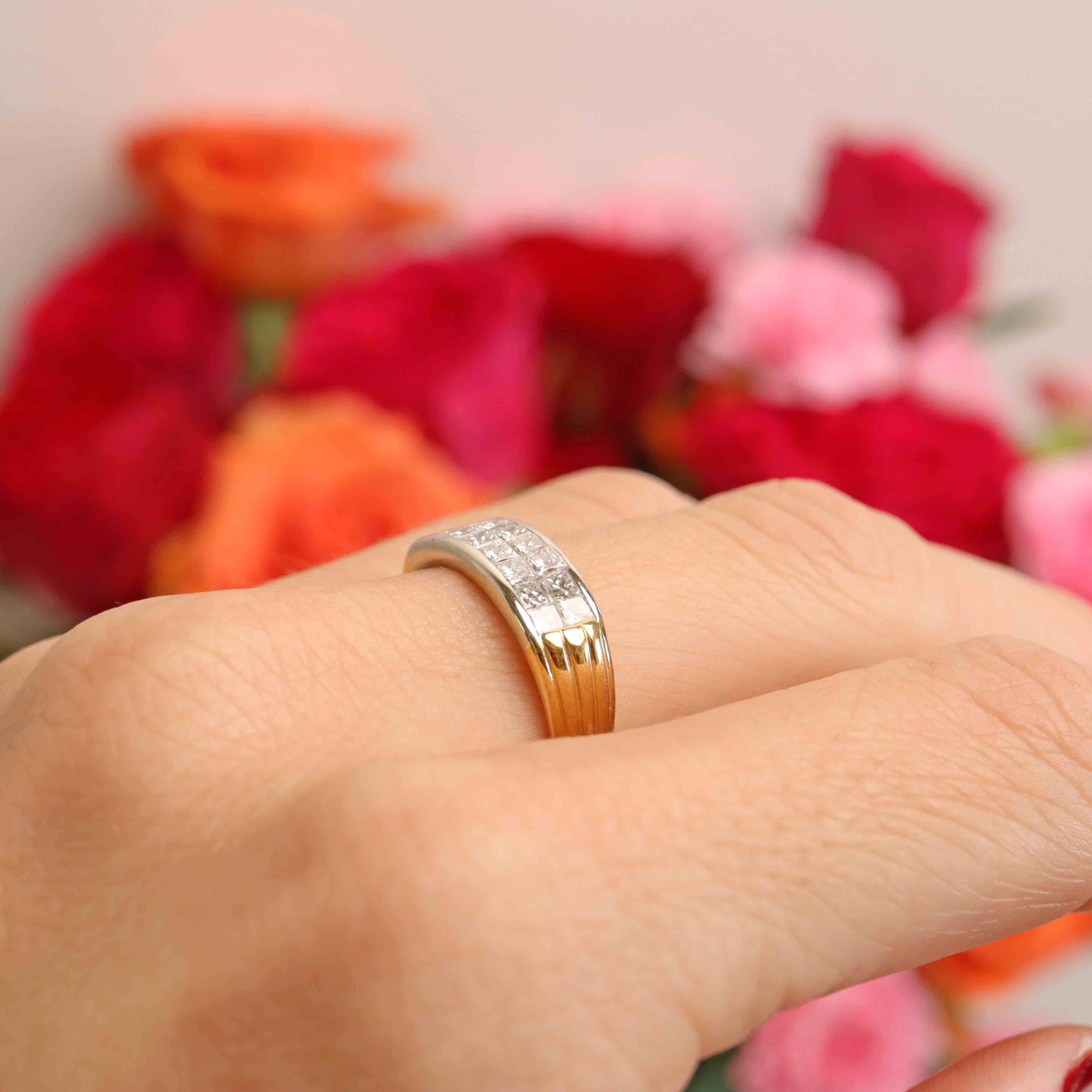 Ellibelle Jewellery Vintage 1996 Princess-Cut Diamond 18ct Gold Double-Row Band Ring