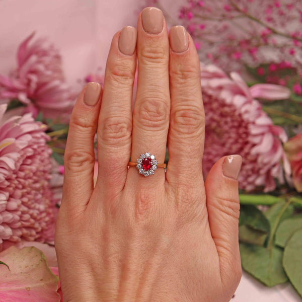 Ellibelle Jewellery Vintage 1996 Ruby & Diamond 18ct Gold Oval Cluster Ring