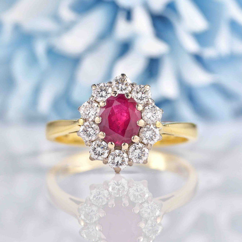 Ellibelle Jewellery Vintage 1996 Ruby & Diamond 18ct Gold Oval Cluster Ring