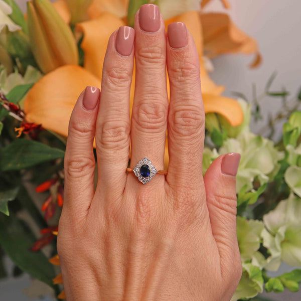 Ellibelle Jewellery Vintage 1996 Sapphire & Diamond 18ct Gold Petal-Shaped Cluster Ring