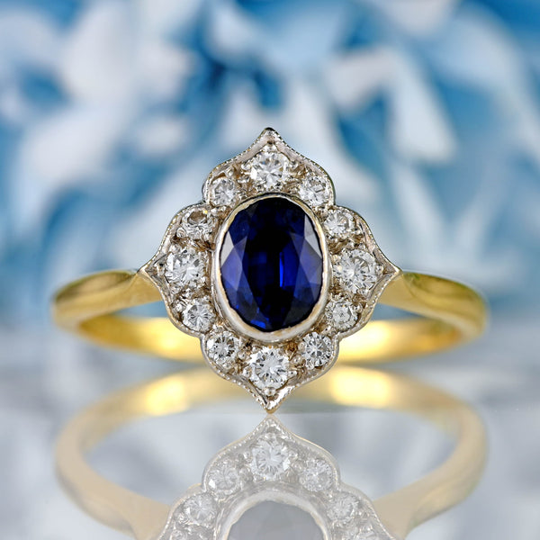 Ellibelle Jewellery Vintage 1996 Sapphire & Diamond 18ct Gold Petal-Shaped Cluster Ring
