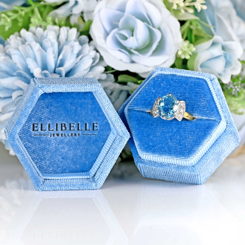 Ellibelle Jewellery Vintage 1997 Aquamarine & Diamond 18ct Gold Cocktail Ring