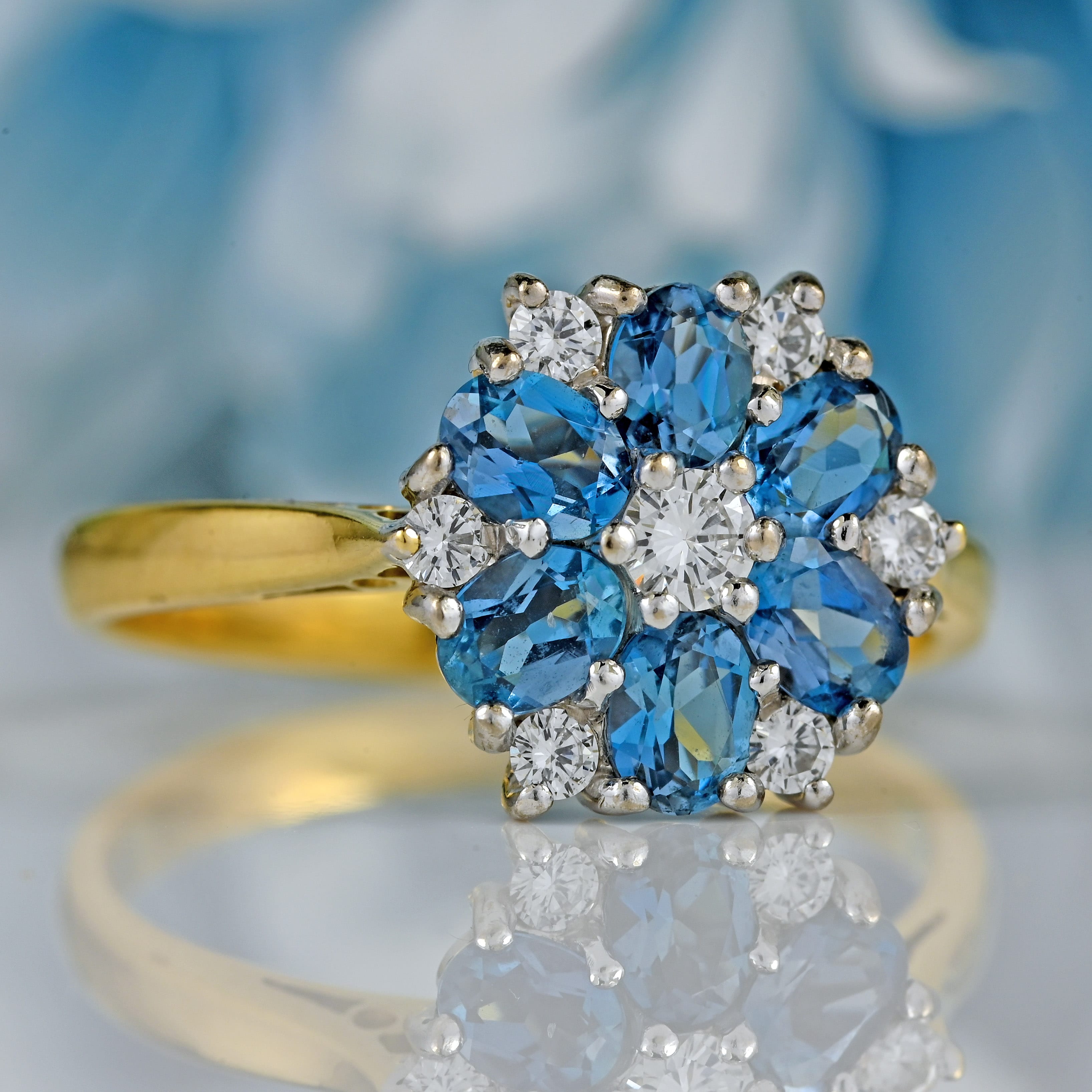 Ellibelle Jewellery Vintage 1997 Aquamarine & Diamond 18ct Gold Daisy Cluster Engagement Ring