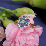 Ellibelle Jewellery Vintage 1997 Aquamarine & Diamond 18ct Gold Daisy Cluster Engagement Ring