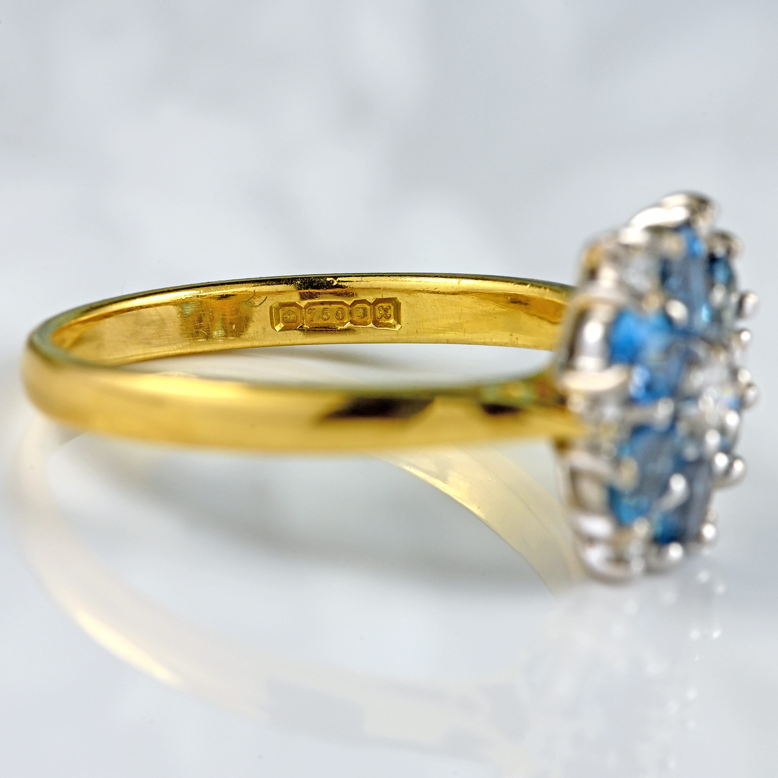 Ellibelle Jewellery Vintage 1997 Aquamarine & Diamond 18ct Gold Daisy Cluster Engagement Ring