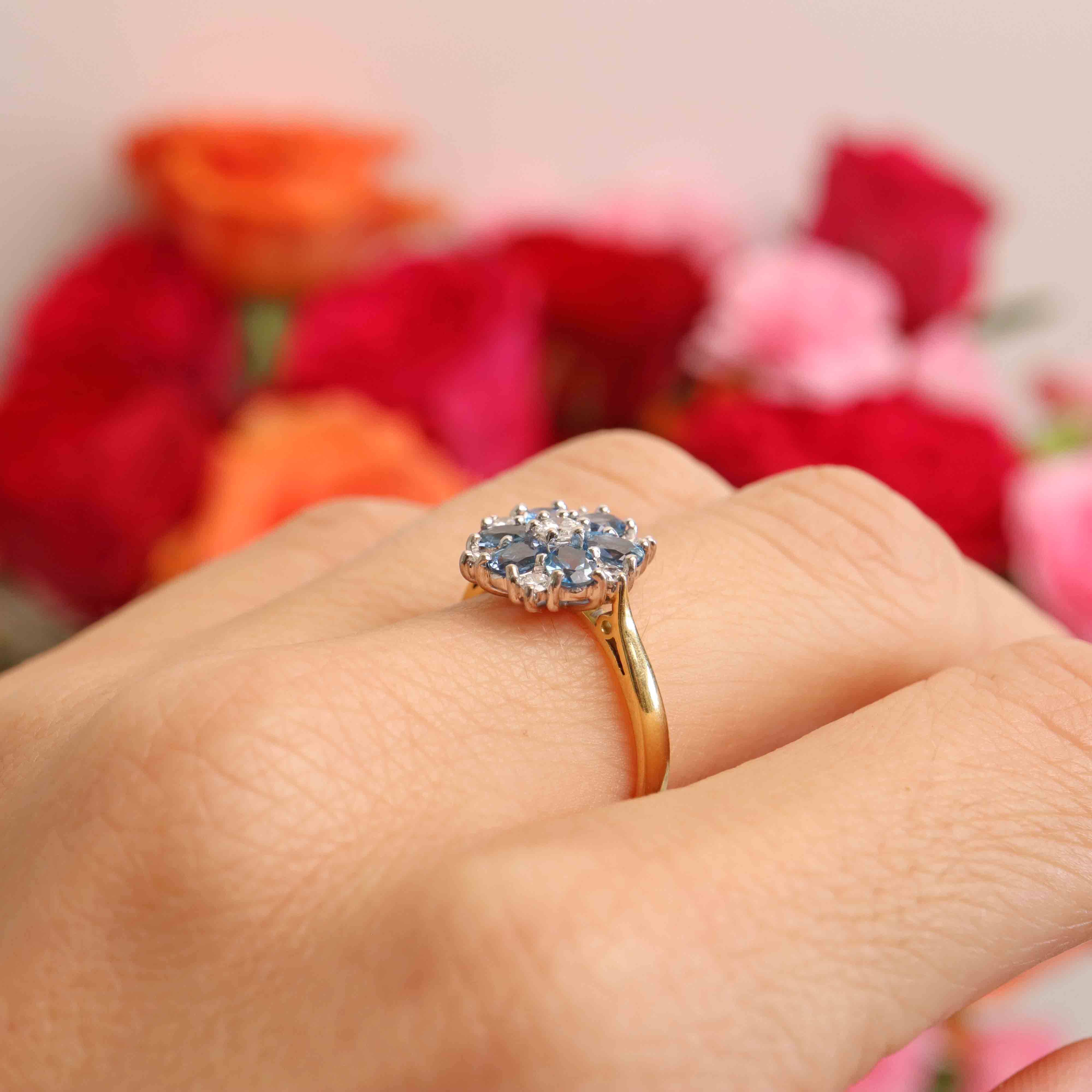 Ellibelle Jewellery Vintage 1997 Aquamarine & Diamond 18ct Gold Daisy Cluster Engagement Ring