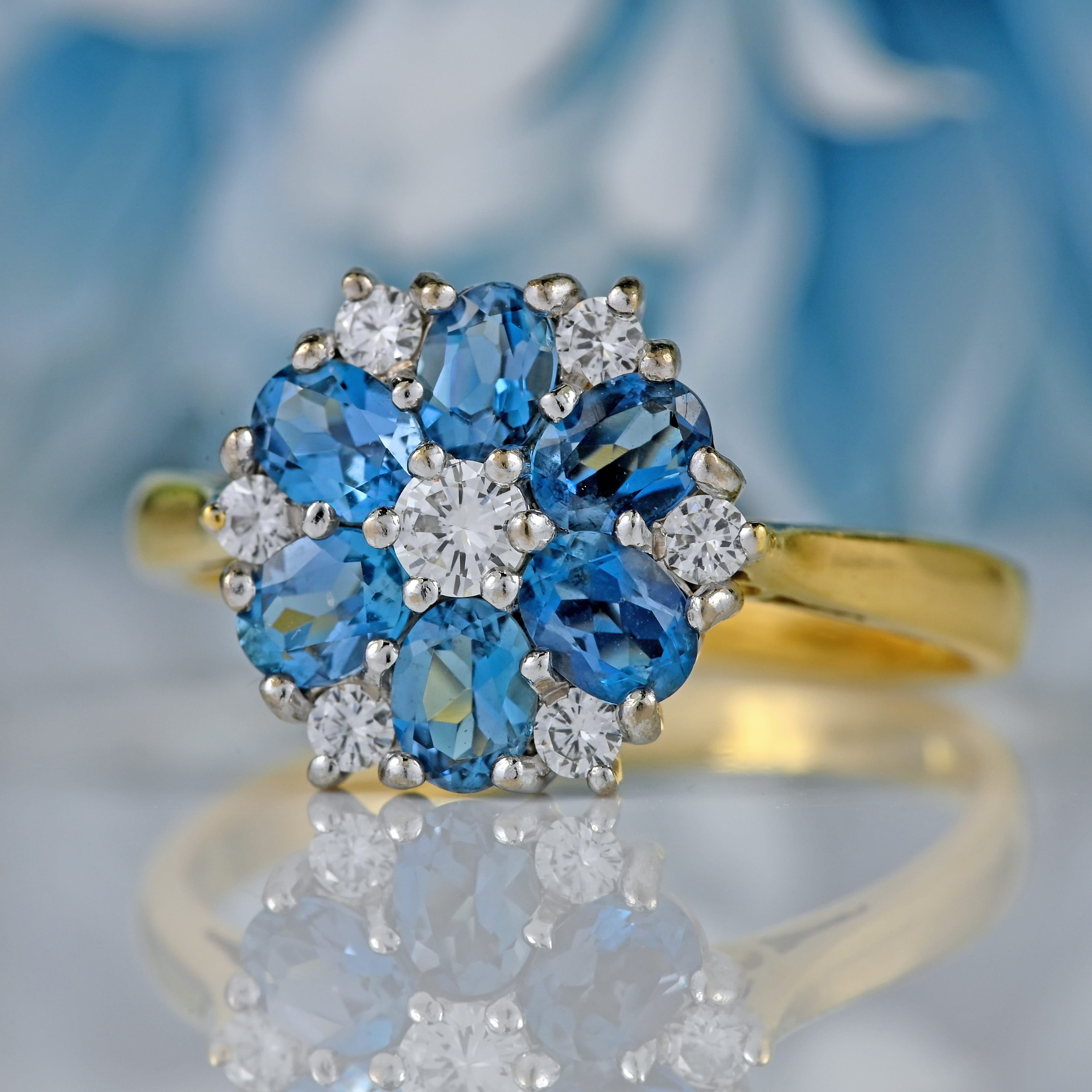 Ellibelle Jewellery Vintage 1997 Aquamarine & Diamond 18ct Gold Daisy Cluster Engagement Ring