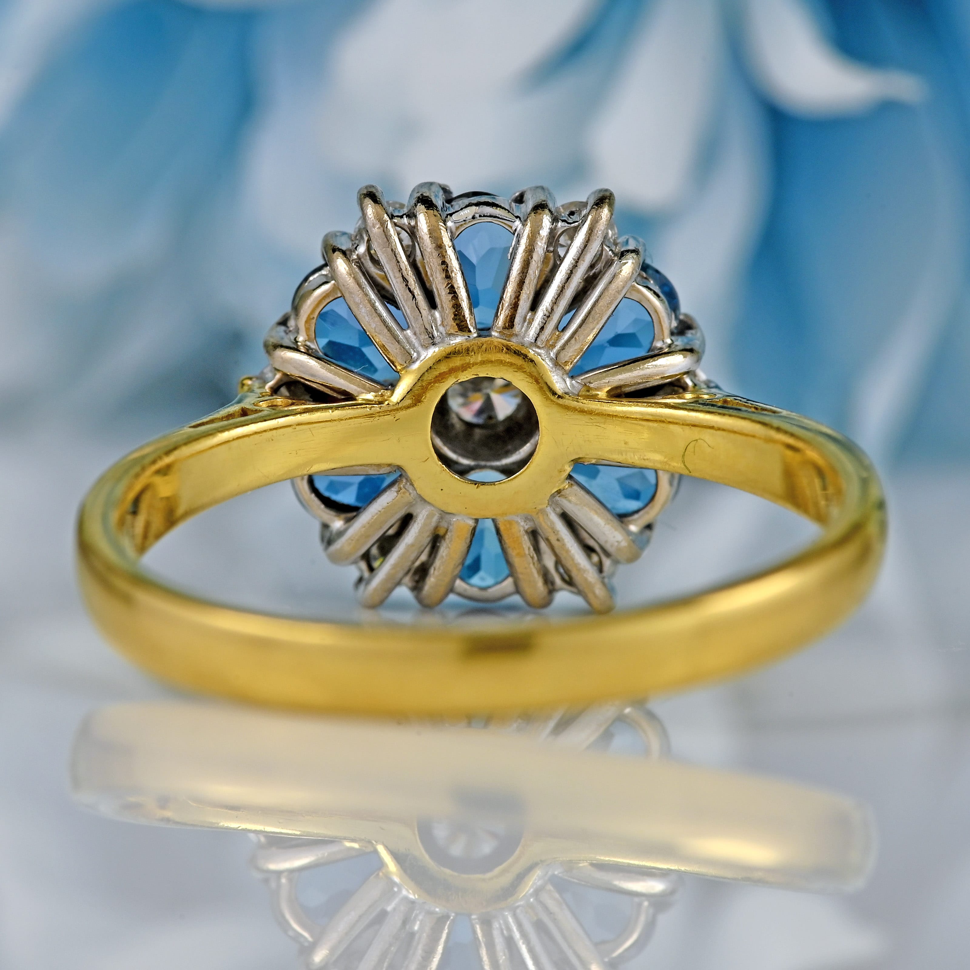 Ellibelle Jewellery Vintage 1997 Aquamarine & Diamond 18ct Gold Daisy Cluster Engagement Ring