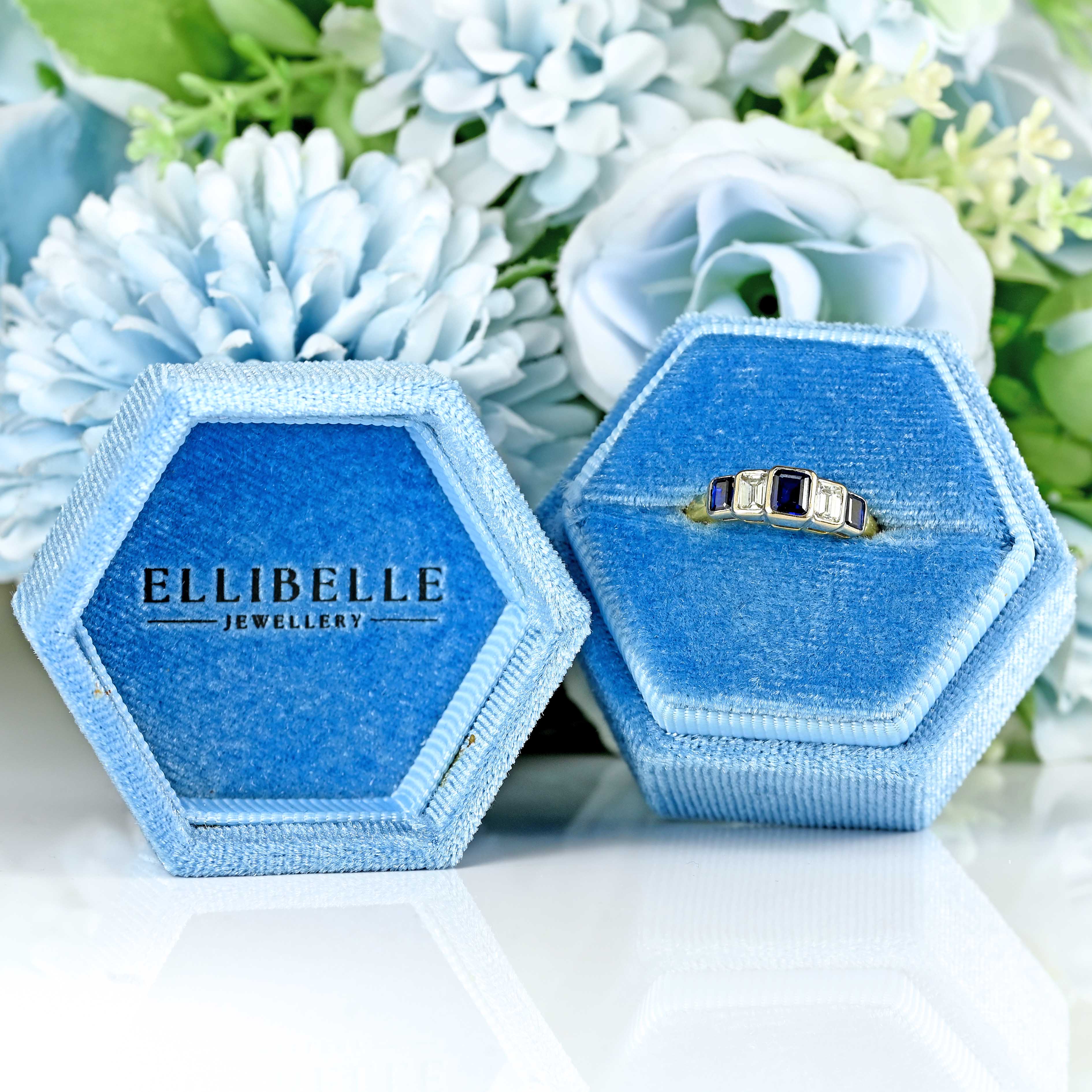 Ellibelle Jewellery Vintage 1997 Emerald-Cut Sapphire & Diamond 18ct Gold Five-Stone Ring