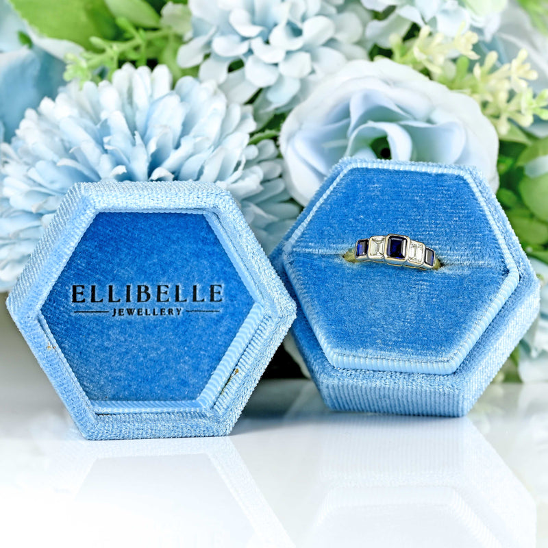 Ellibelle Jewellery Vintage 1997 Emerald-Cut Sapphire & Diamond 18ct Gold Five-Stone Ring