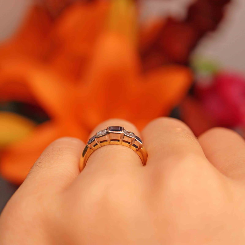 Ellibelle Jewellery Vintage 1997 Emerald-Cut Sapphire & Diamond 18ct Gold Five-Stone Ring