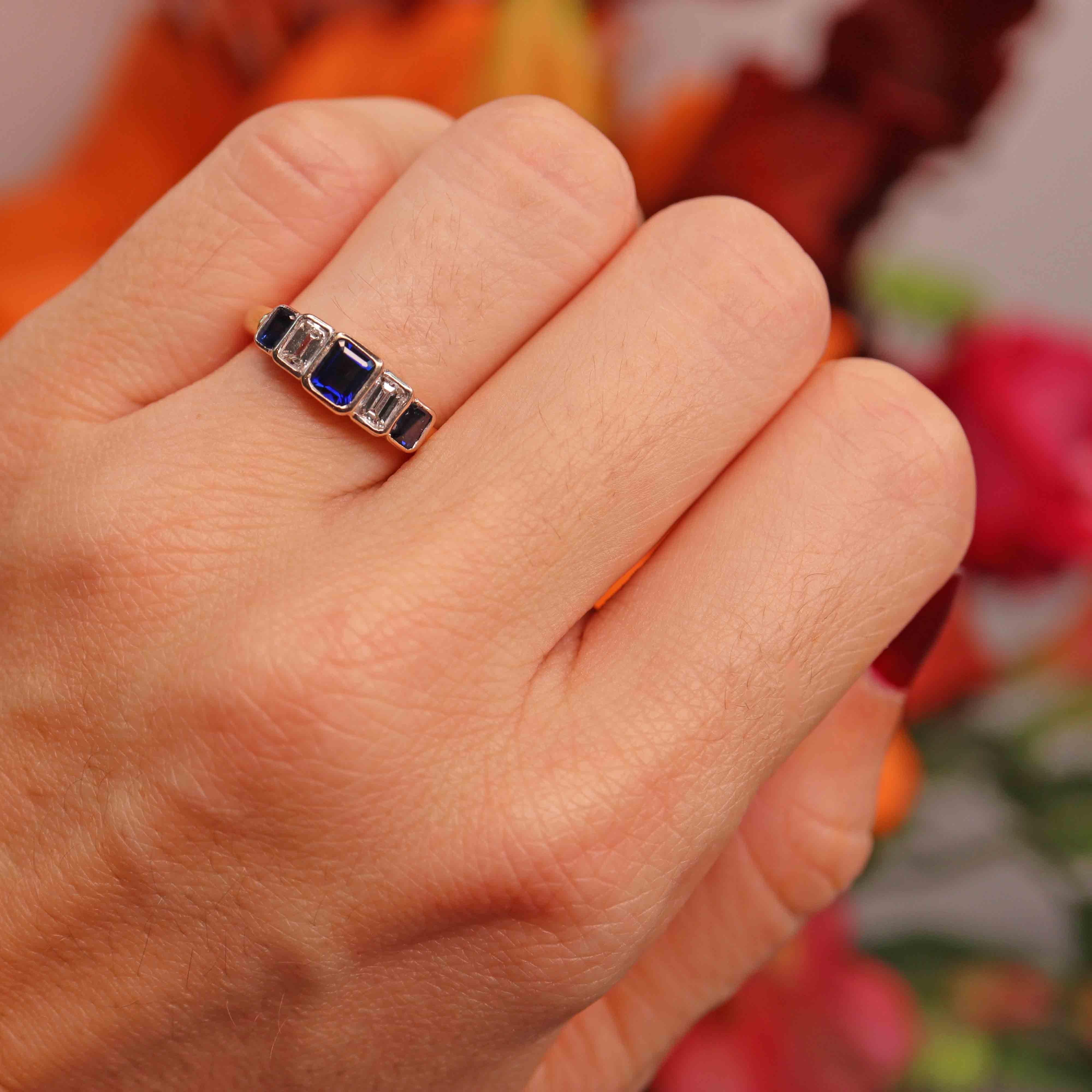Ellibelle Jewellery Vintage 1997 Emerald-Cut Sapphire & Diamond 18ct Gold Five-Stone Ring