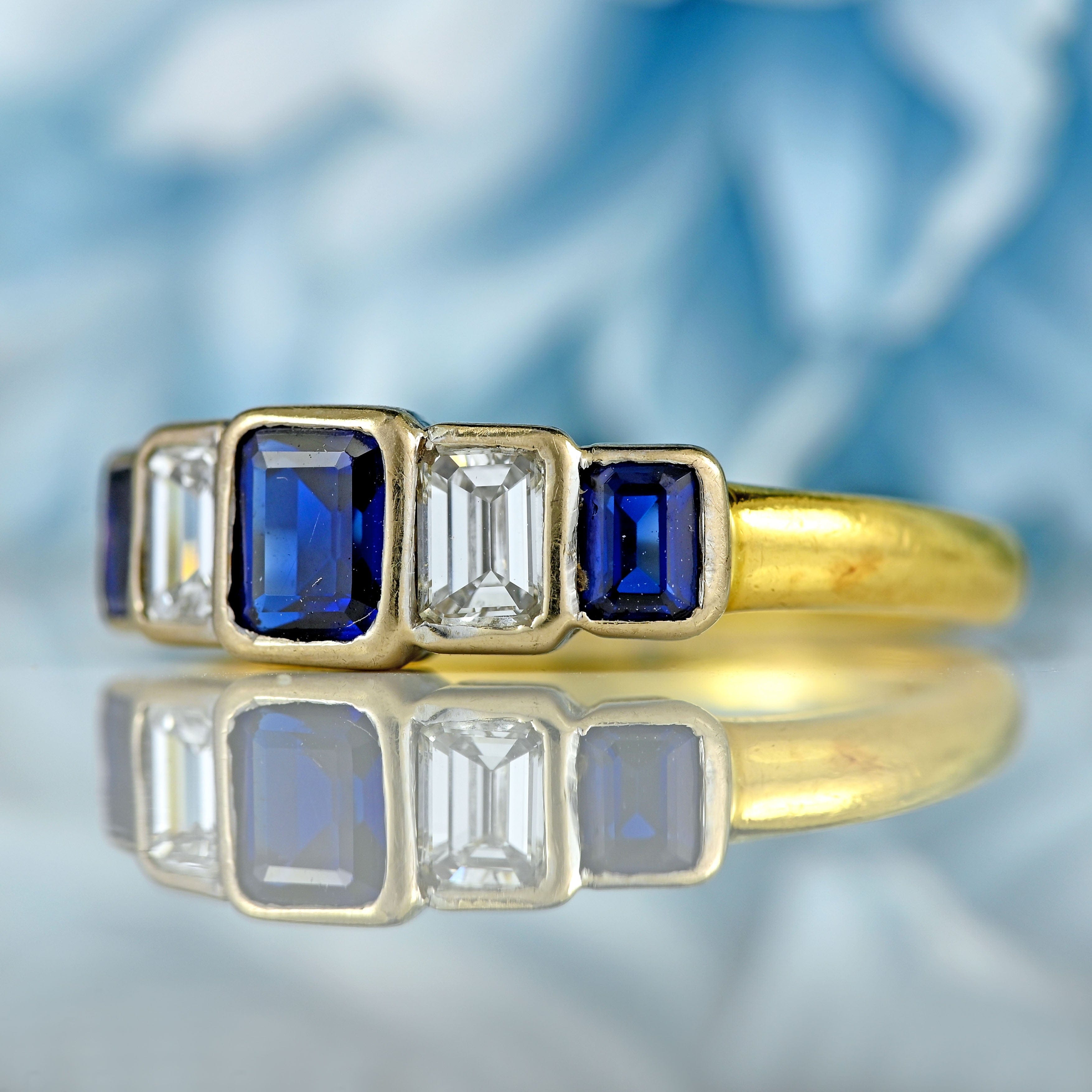 Ellibelle Jewellery Vintage 1997 Emerald-Cut Sapphire & Diamond 18ct Gold Five-Stone Ring