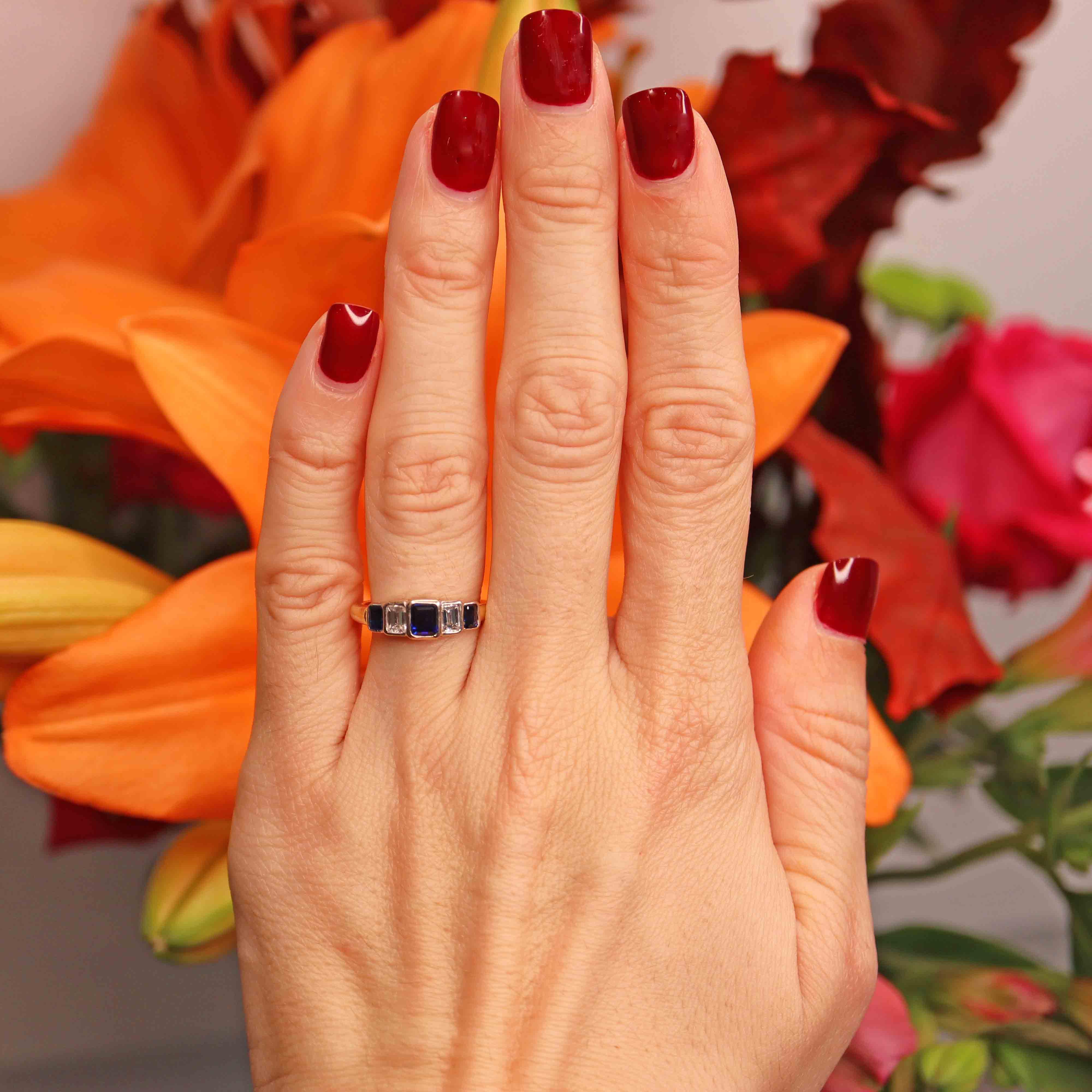 Ellibelle Jewellery Vintage 1997 Emerald-Cut Sapphire & Diamond 18ct Gold Five-Stone Ring