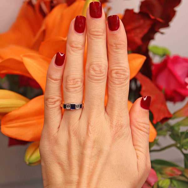 Ellibelle Jewellery Vintage 1997 Emerald-Cut Sapphire & Diamond 18ct Gold Five-Stone Ring