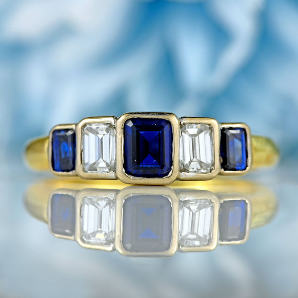 Ellibelle Jewellery Vintage 1997 Emerald-Cut Sapphire & Diamond 18ct Gold Five-Stone Ring