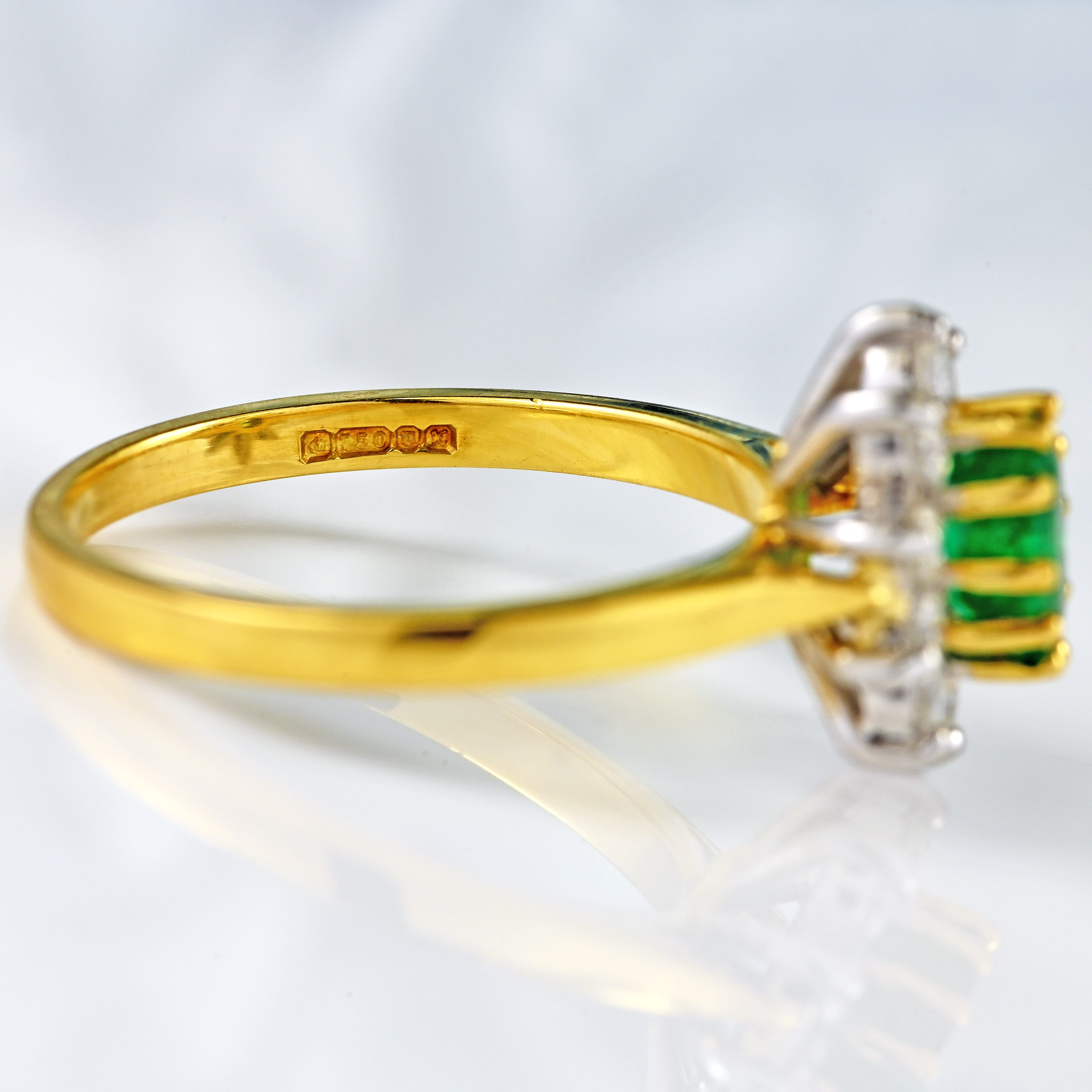 Ellibelle Jewellery Vintage 1997 Emerald & Diamond 18ct Gold Cluster Engagement Ring