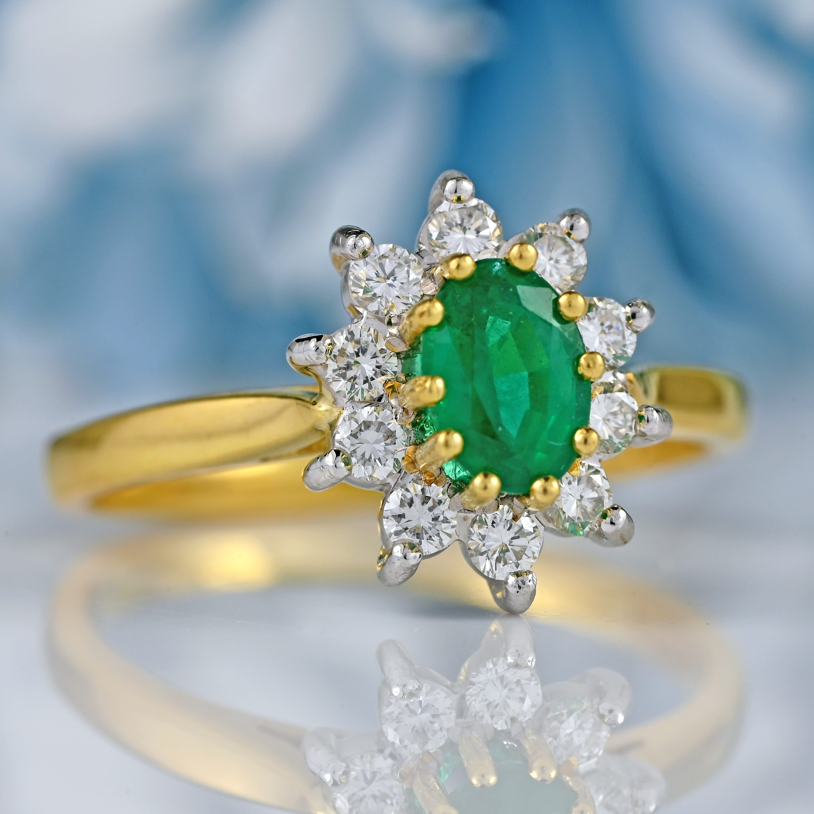 Ellibelle Jewellery Vintage 1997 Emerald & Diamond 18ct Gold Cluster Engagement Ring