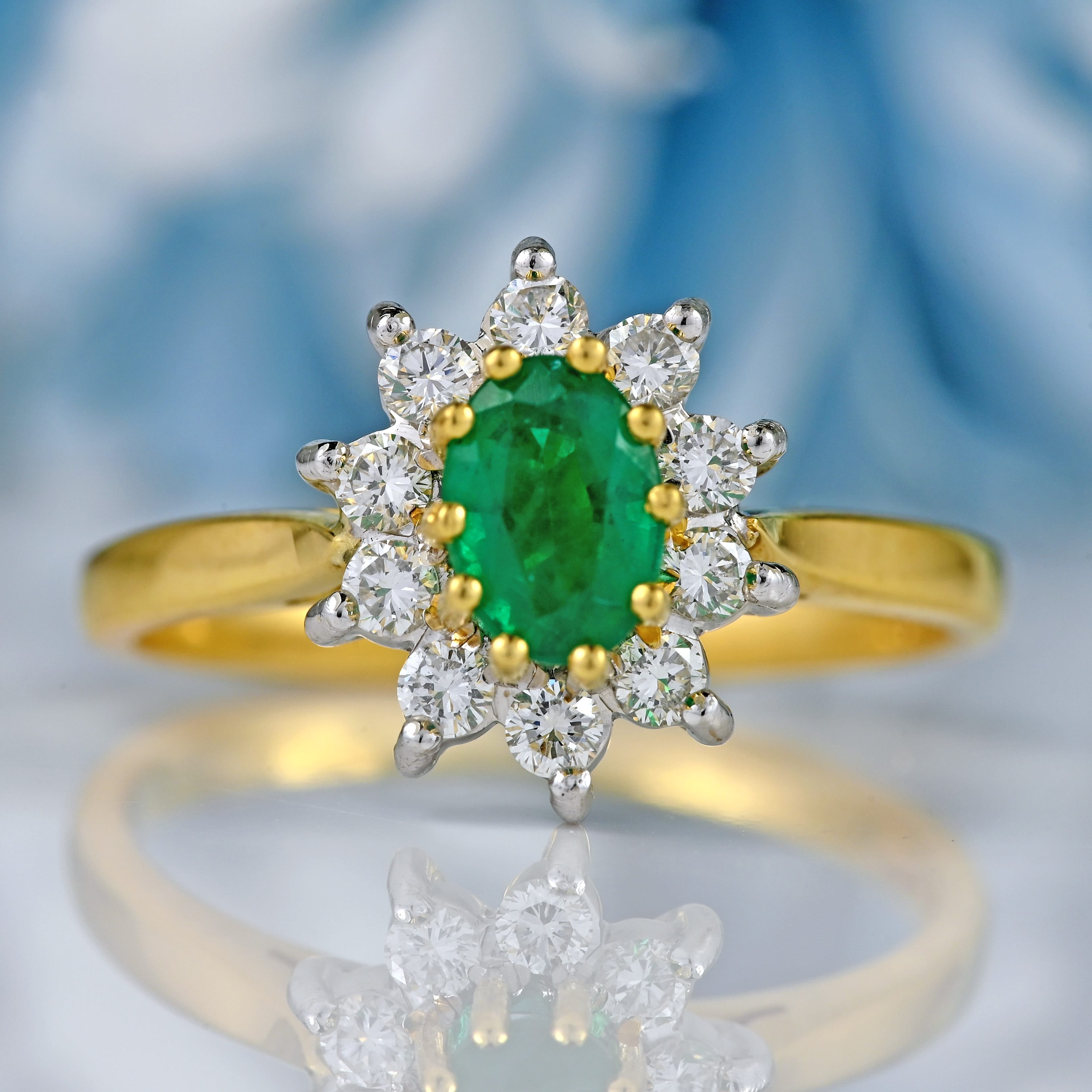 Ellibelle Jewellery Vintage 1997 Emerald & Diamond 18ct Gold Cluster Engagement Ring