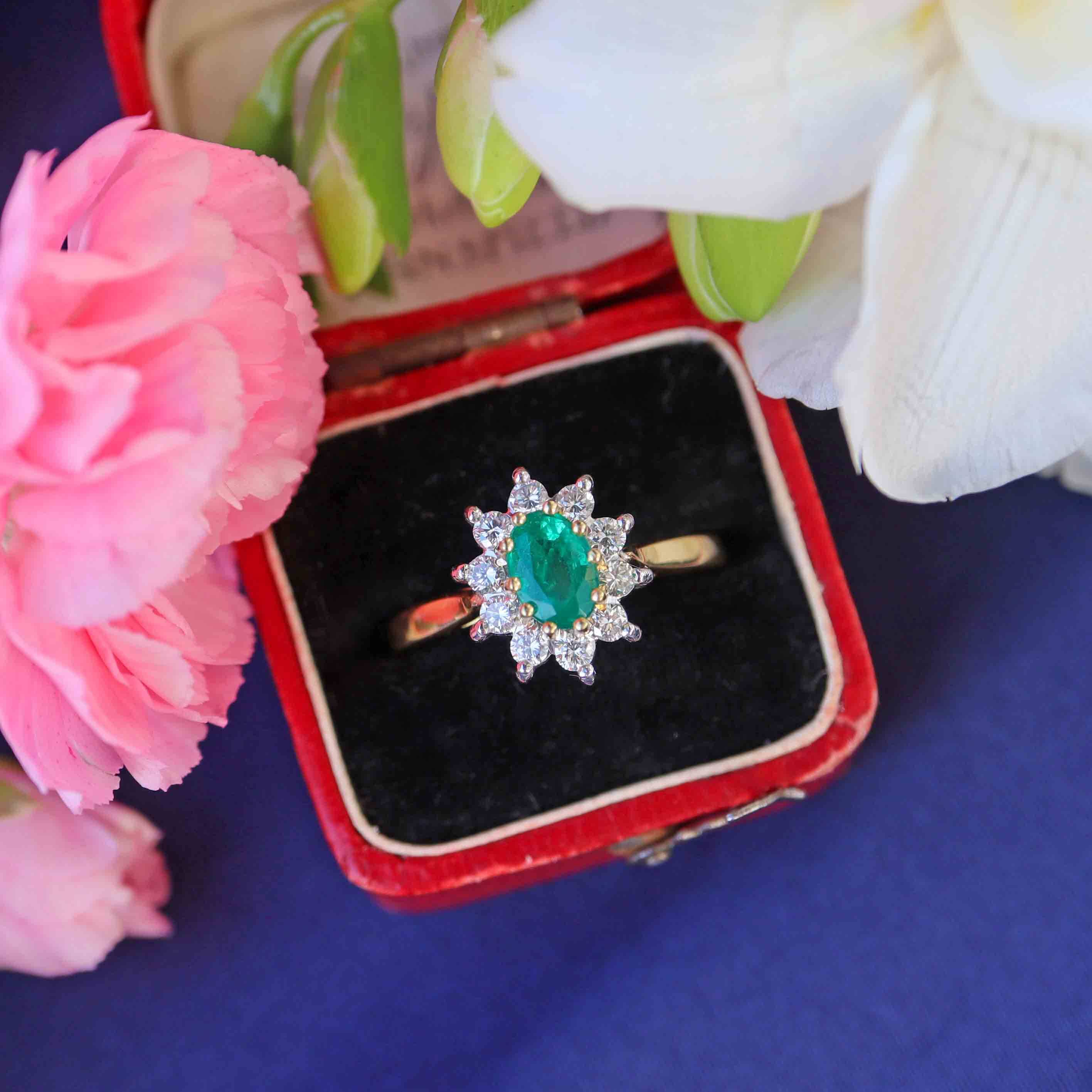 Ellibelle Jewellery Vintage 1997 Emerald & Diamond 18ct Gold Cluster Engagement Ring