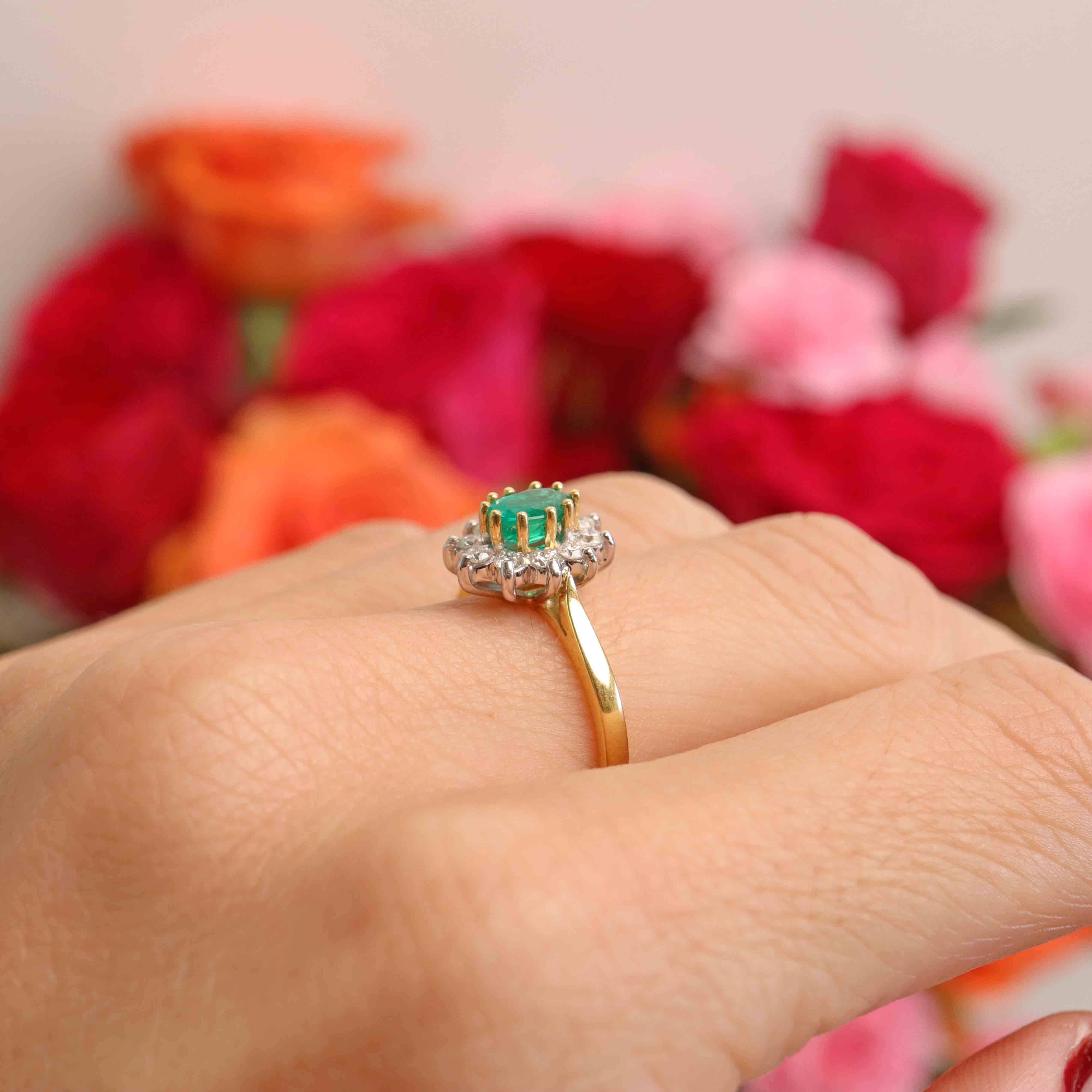 Ellibelle Jewellery Vintage 1997 Emerald & Diamond 18ct Gold Cluster Engagement Ring