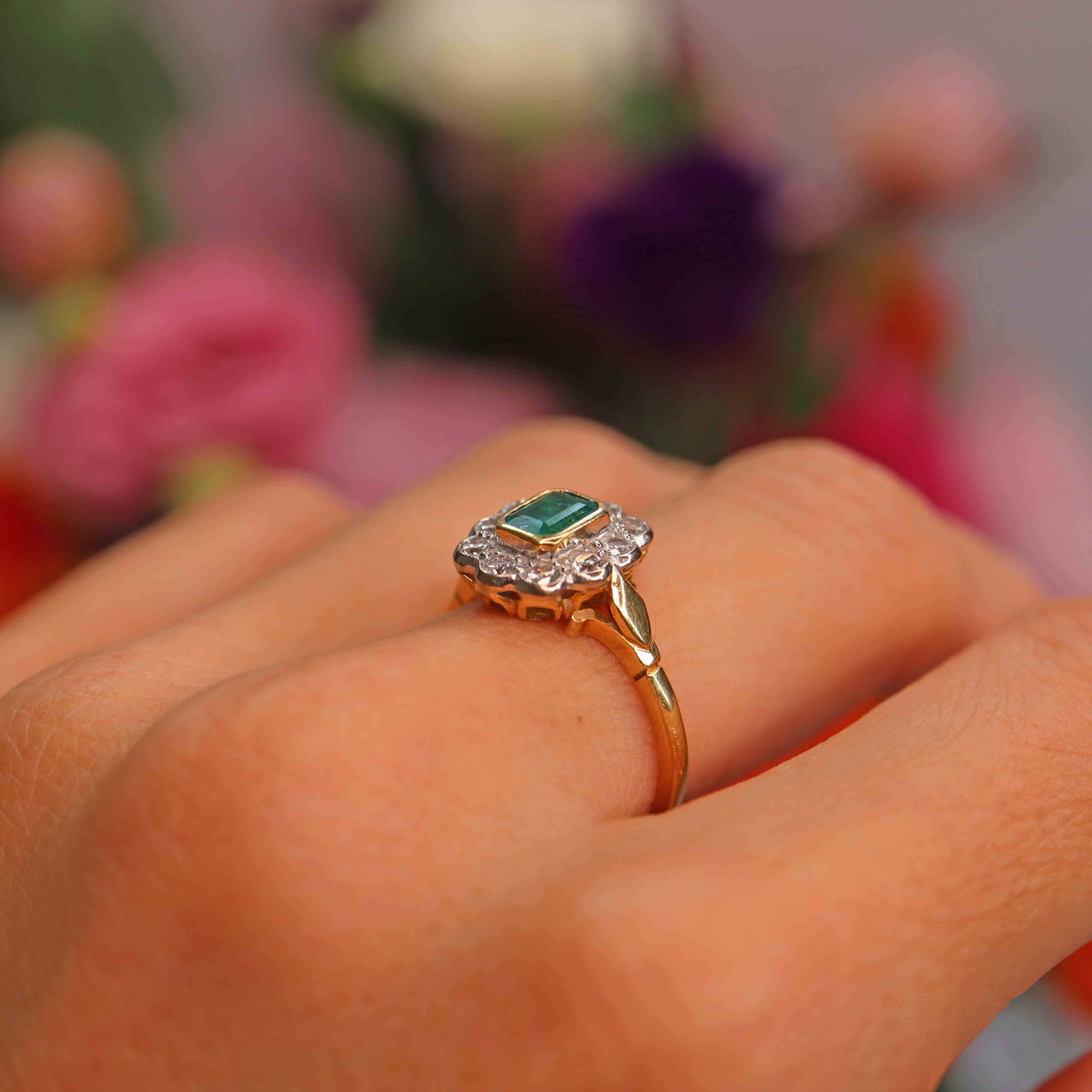 Ellibelle Jewellery Vintage 1997 Emerald & Diamond 18ct Gold Cluster Ring