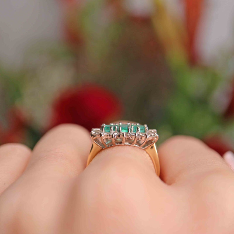 Ellibelle Jewellery Vintage 1997 Emerald & Diamond 18ct Gold Cluster Ring