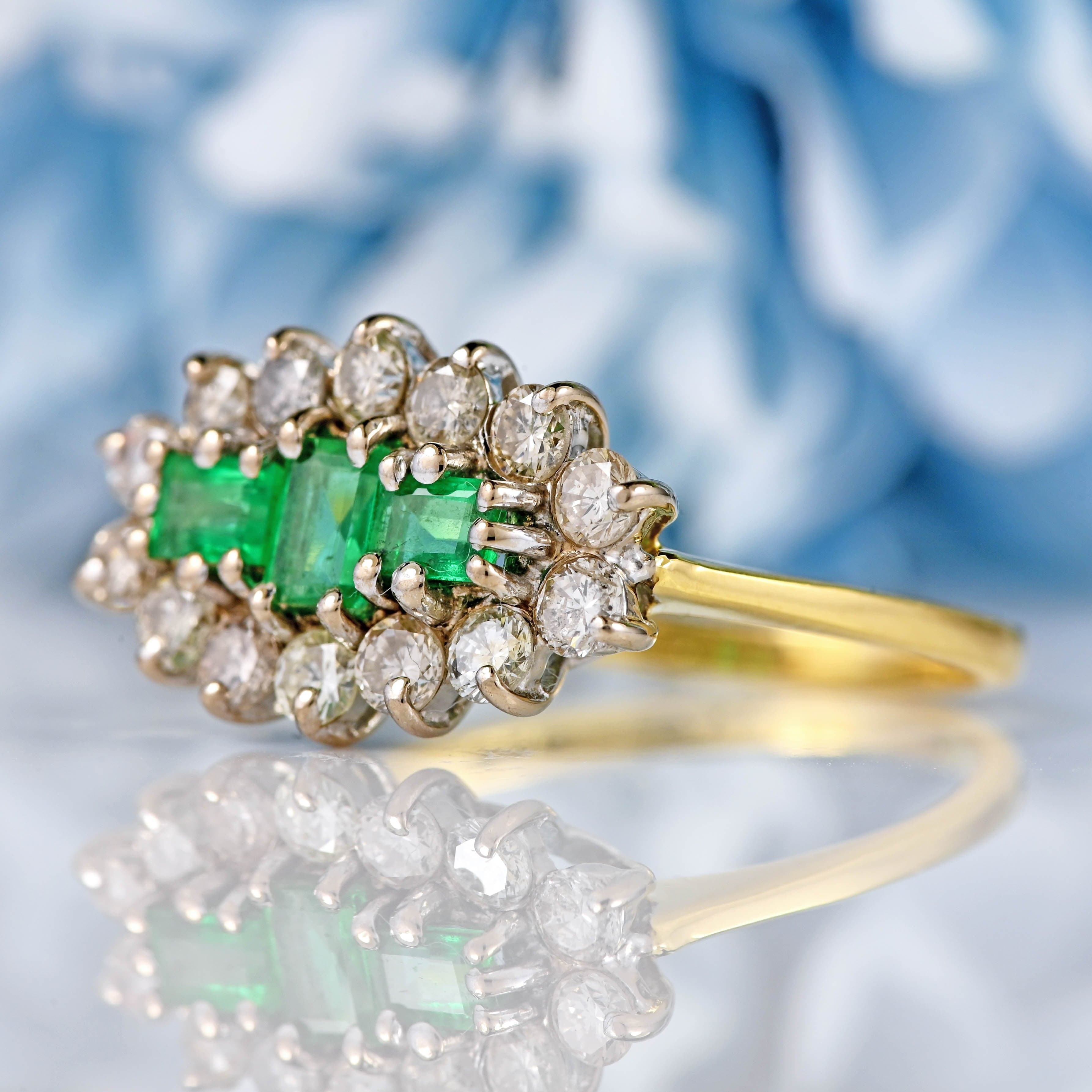 Ellibelle Jewellery Vintage 1997 Emerald & Diamond 18ct Gold Cluster Ring