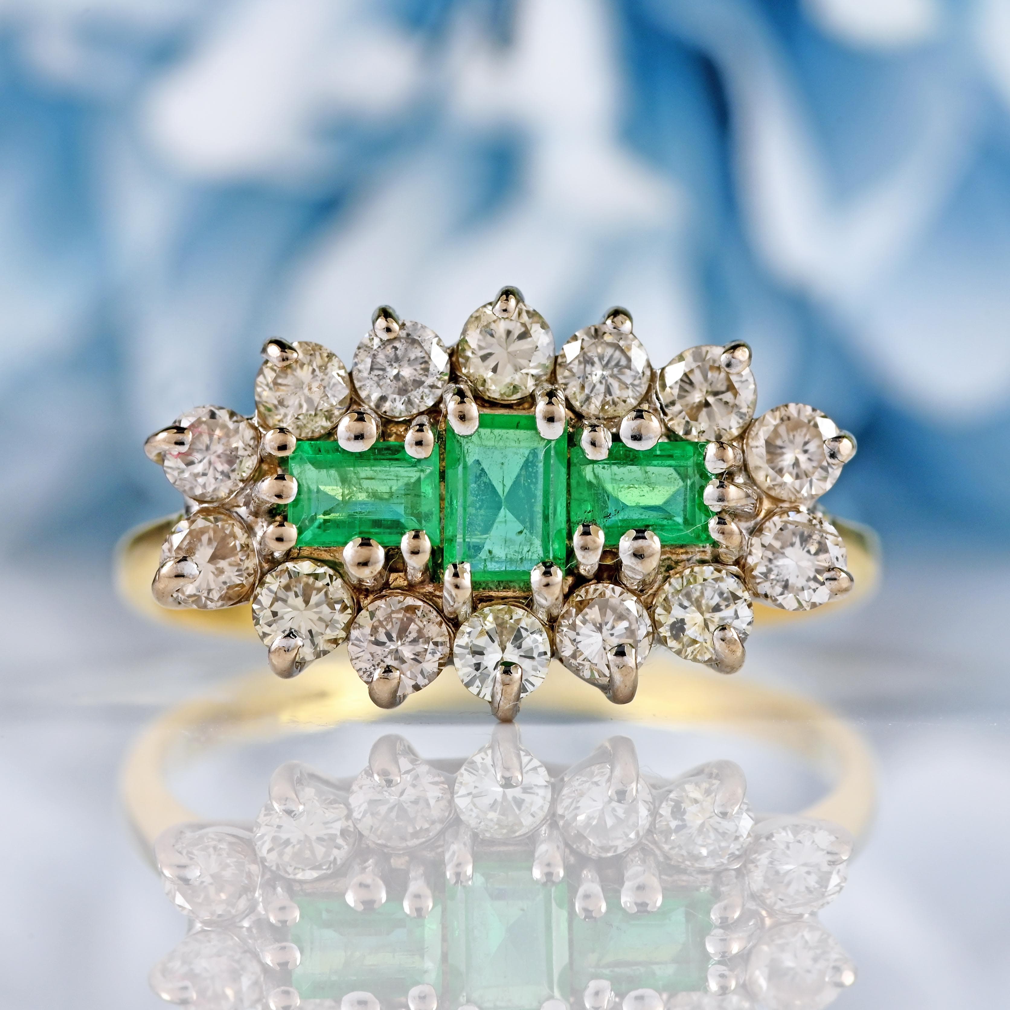 Ellibelle Jewellery Vintage 1997 Emerald & Diamond 18ct Gold Cluster Ring