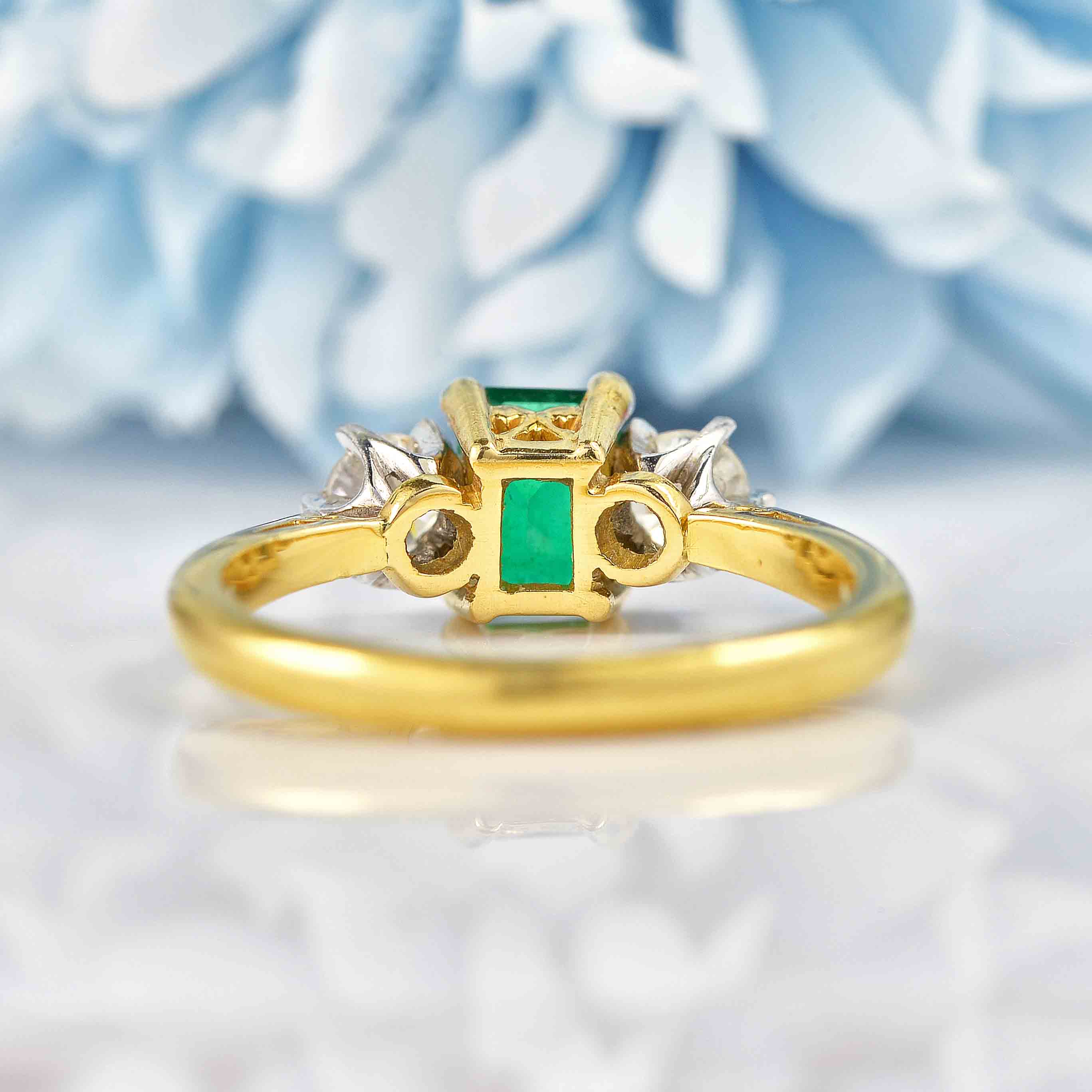 Ellibelle Jewellery Vintage 1997 Natural Emerald & Diamond Gold Three-Stone Ring