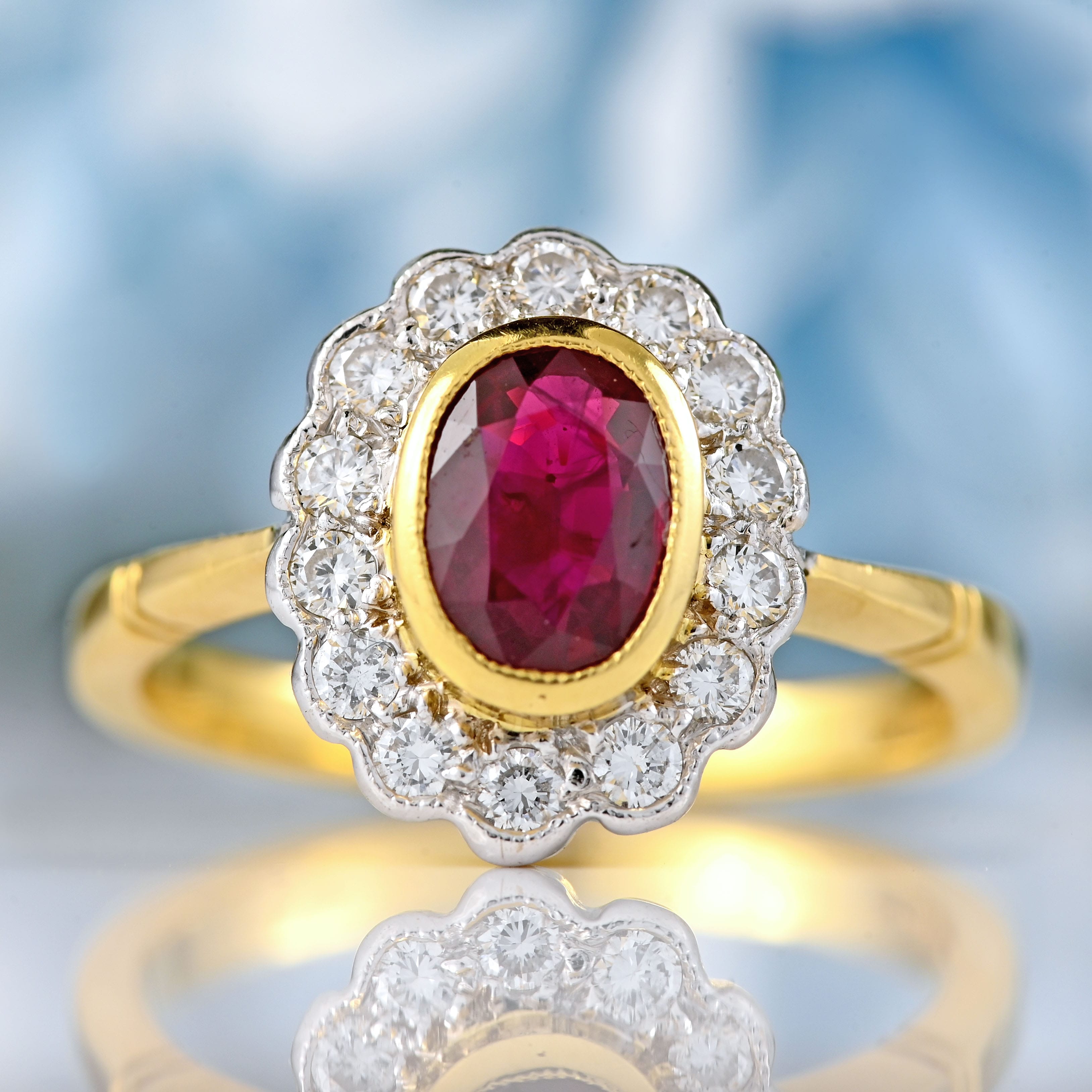 Ellibelle Jewellery Vintage 1997 Ruby & Diamond 14ct Gold Cluster Ring (1.05cts)