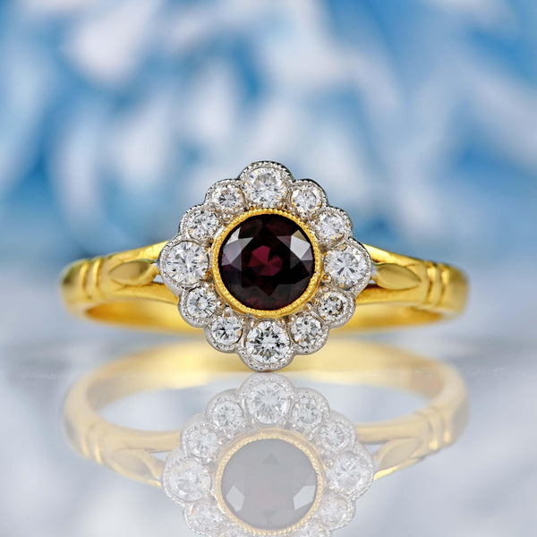 Ellibelle Jewellery Vintage 1997 Ruby & Diamond 18ct Gold Cluster Engagement Ring