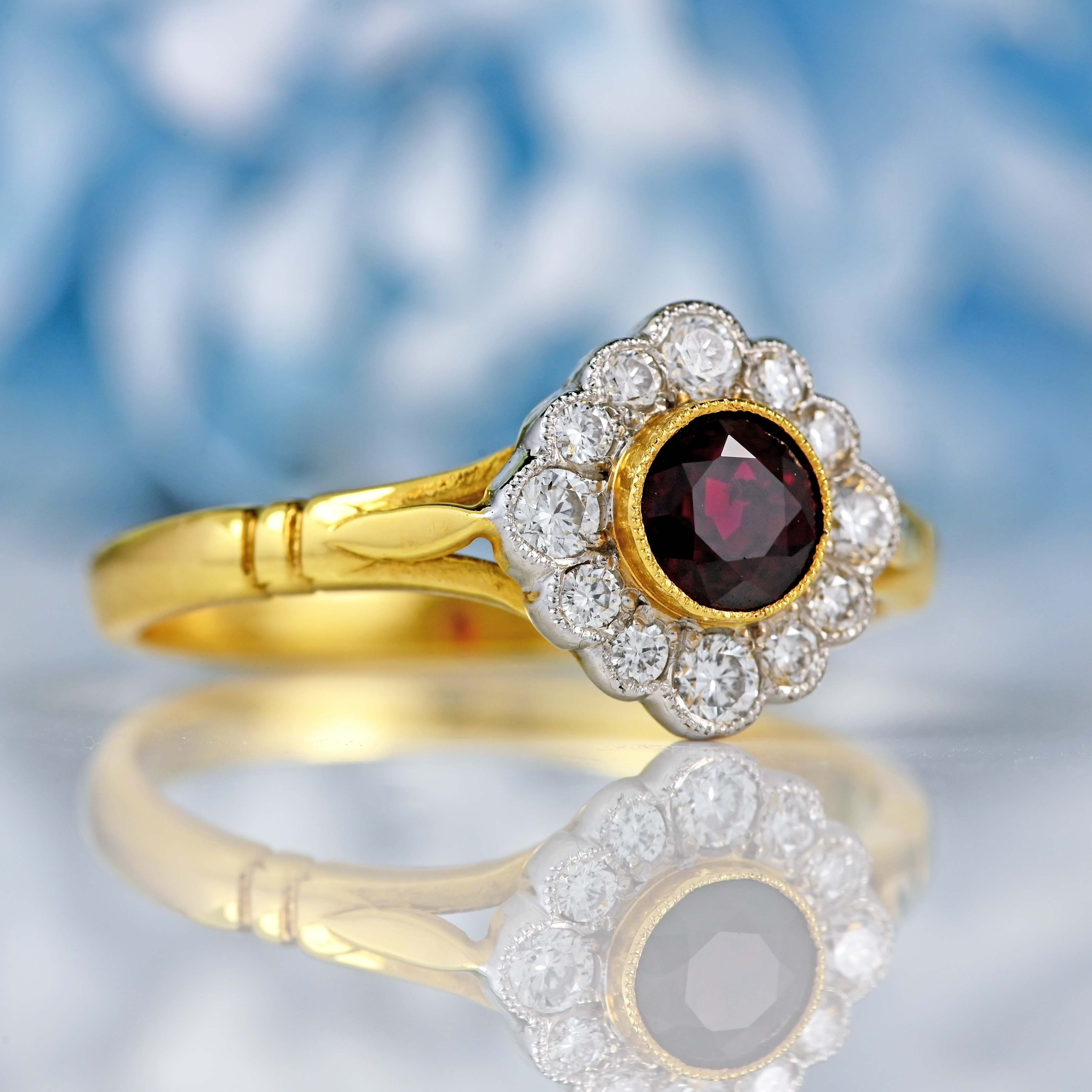 Ellibelle Jewellery Vintage 1997 Ruby & Diamond 18ct Gold Cluster Engagement Ring