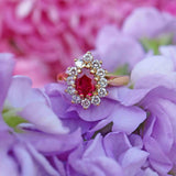 Ellibelle Jewellery Vintage 1997 Ruby & Diamond 18ct Gold Pear Cluster Engagement Ring (0.80cts)